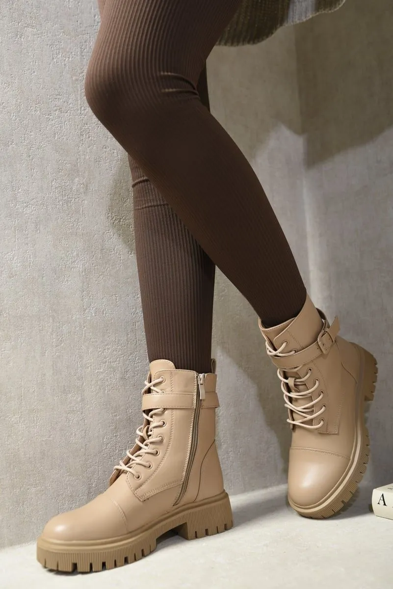 Ariella Lace Up Buckle Chunky Combat Boots