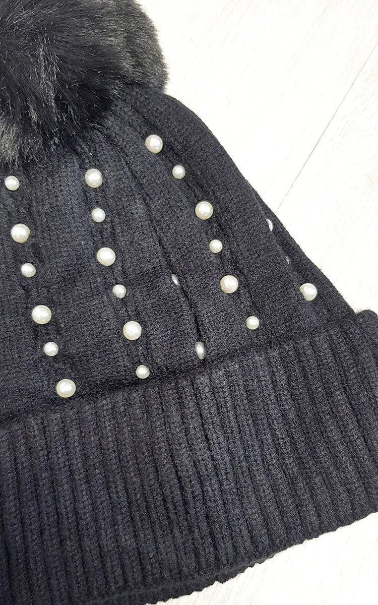 Tessa Pom Pom Hat With Pearl Detail