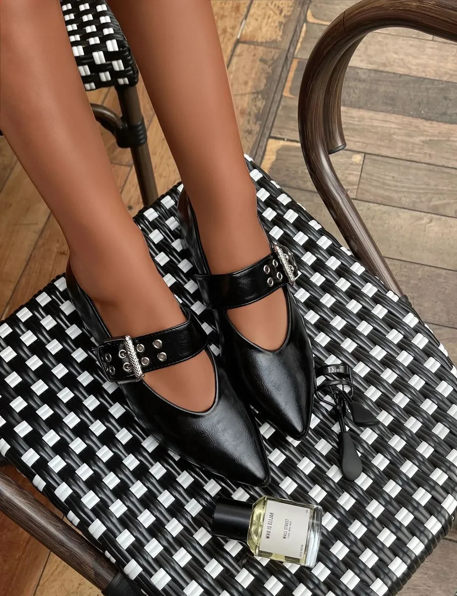 Brenda Low Heel Buckle Eyelet Strap Pointed Flat Shoes
