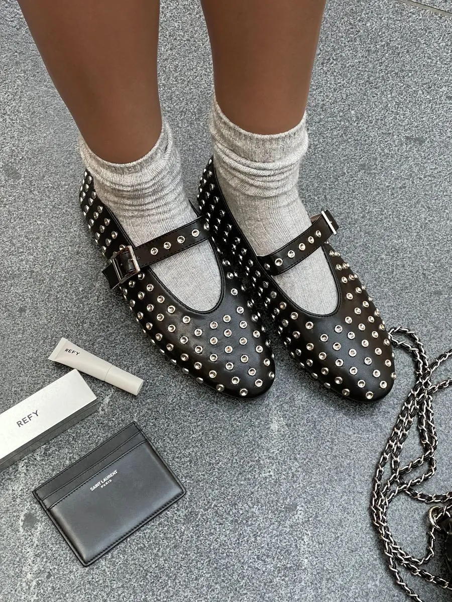 Anna Rhinestone Decor Round Toe Buckle Strap Flat Shoes