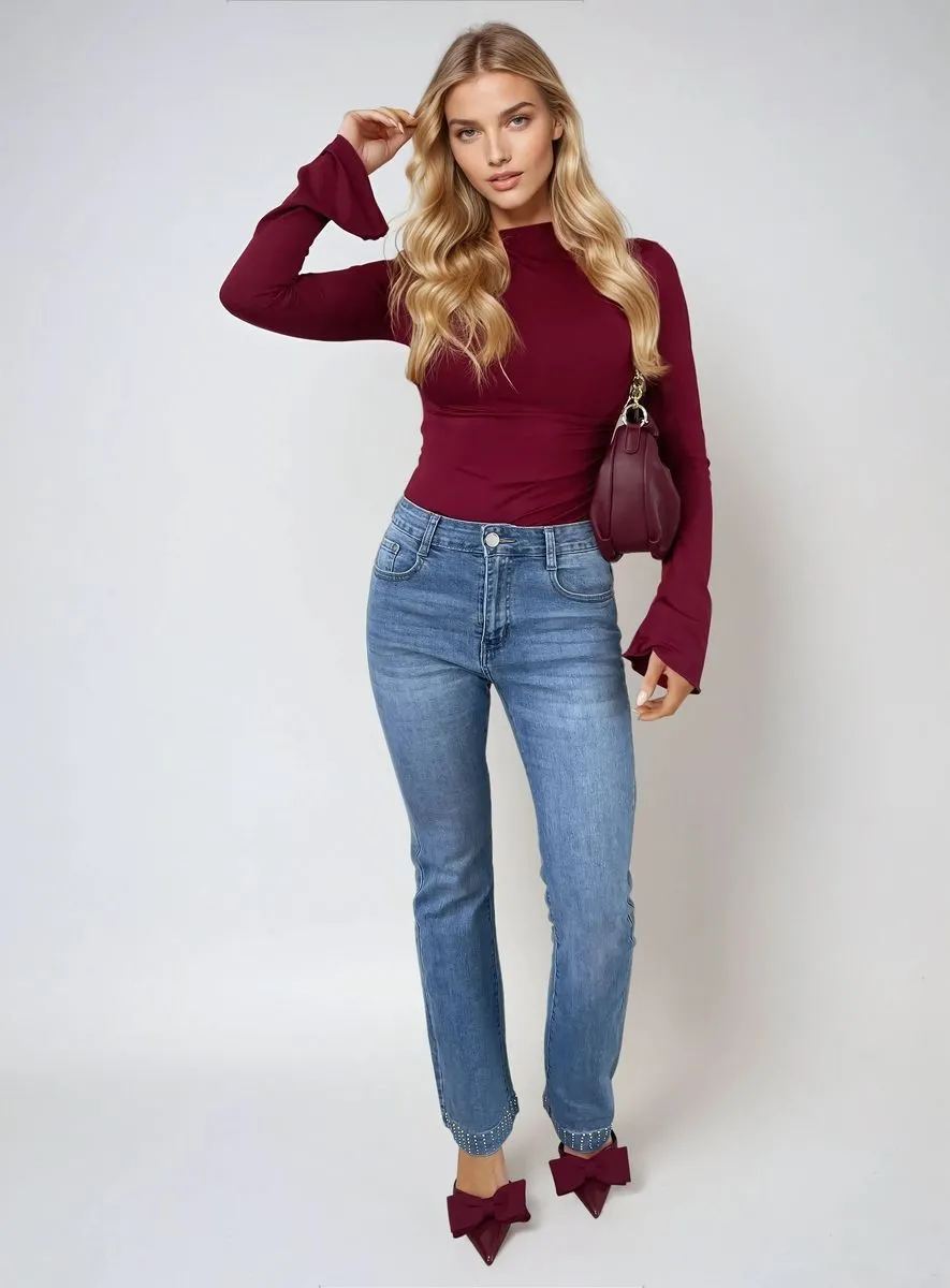 Hazel Rhinestone Hem High Waist Flare Jeans