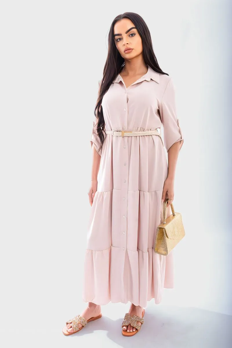 Raya Belted Button Down Tiered Maxi Dress
