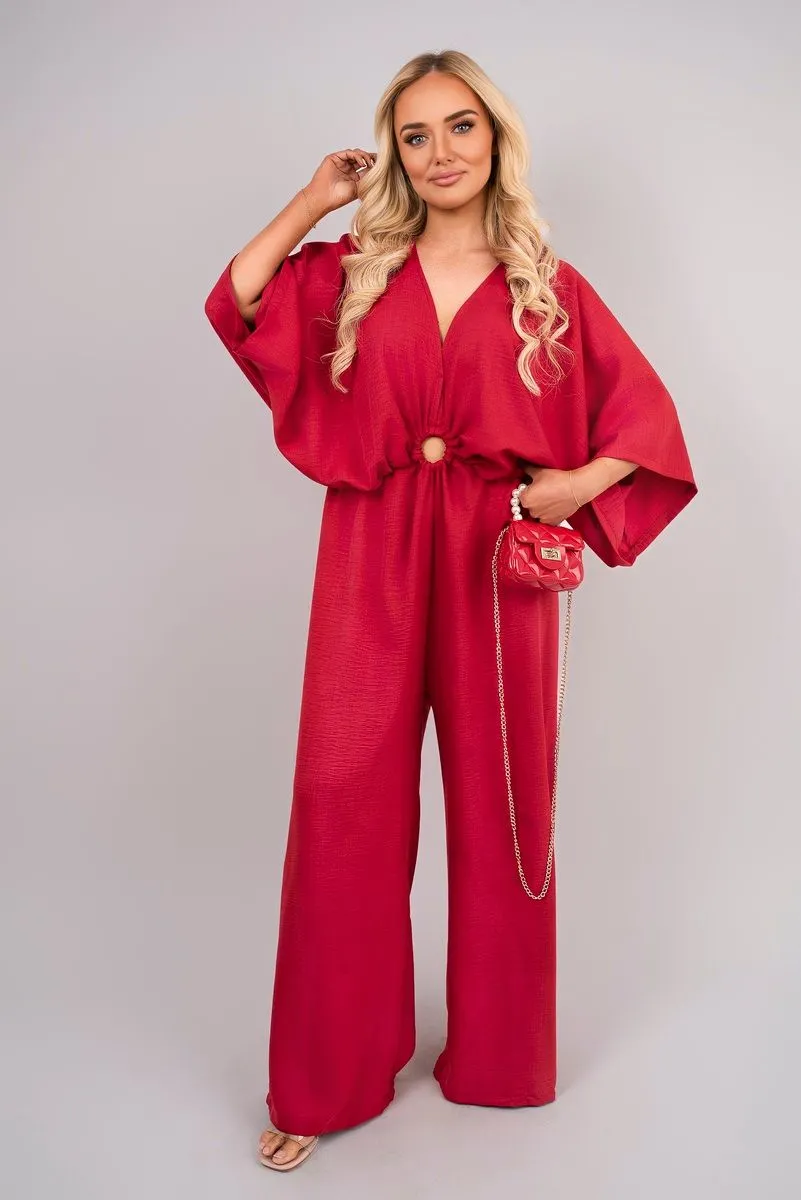 Fiora V Neck Wide Sleeve Jumpsuit With Ring Front Detail