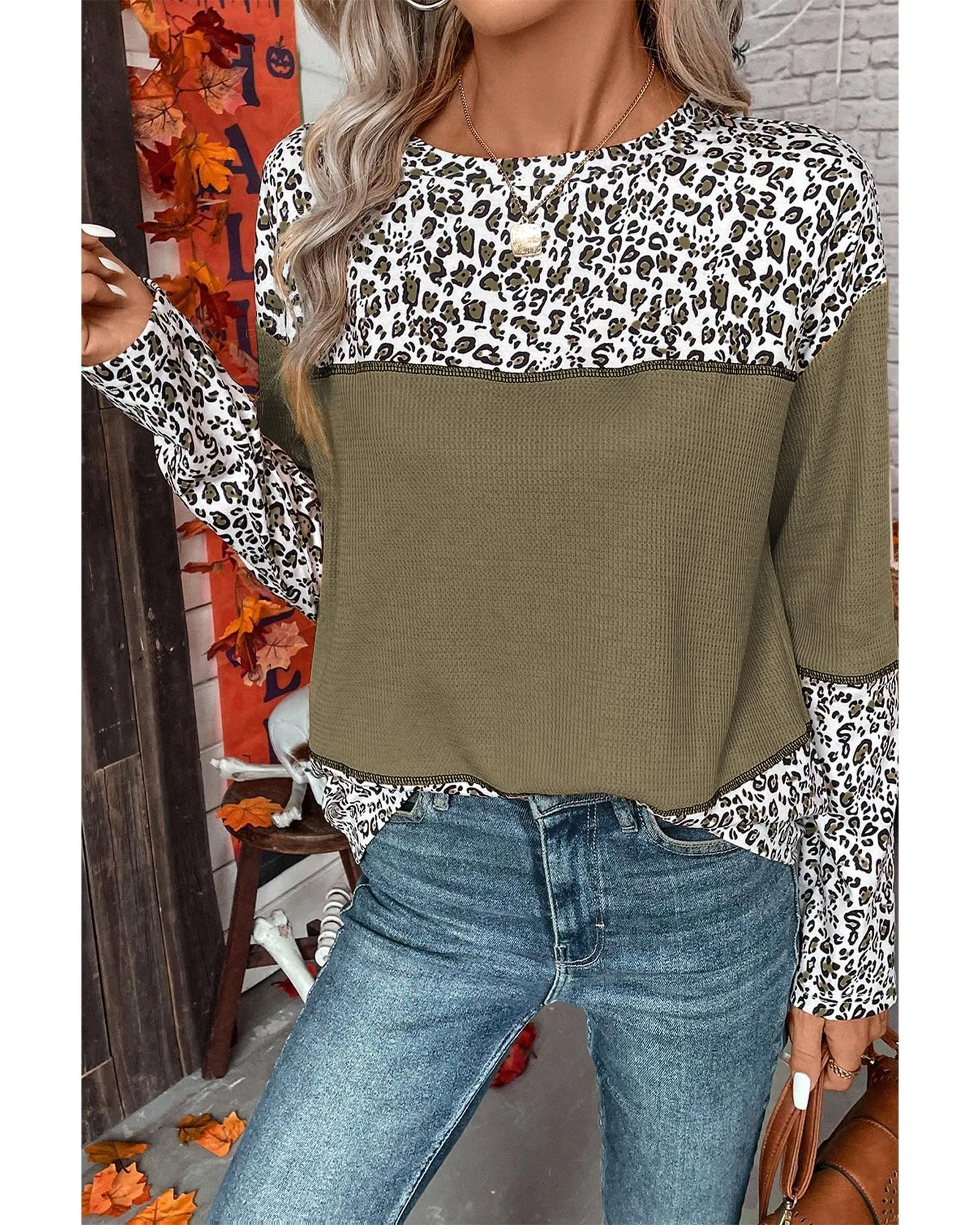 Jungle Green Leopard Print Waffle Knit Patchwork Top