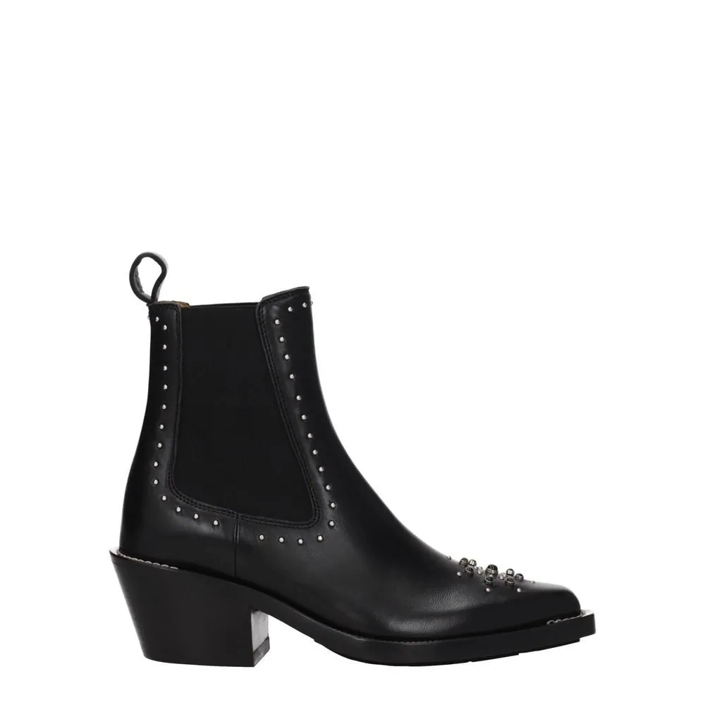 Leather Ankle Boots with Studs and Stones- Black