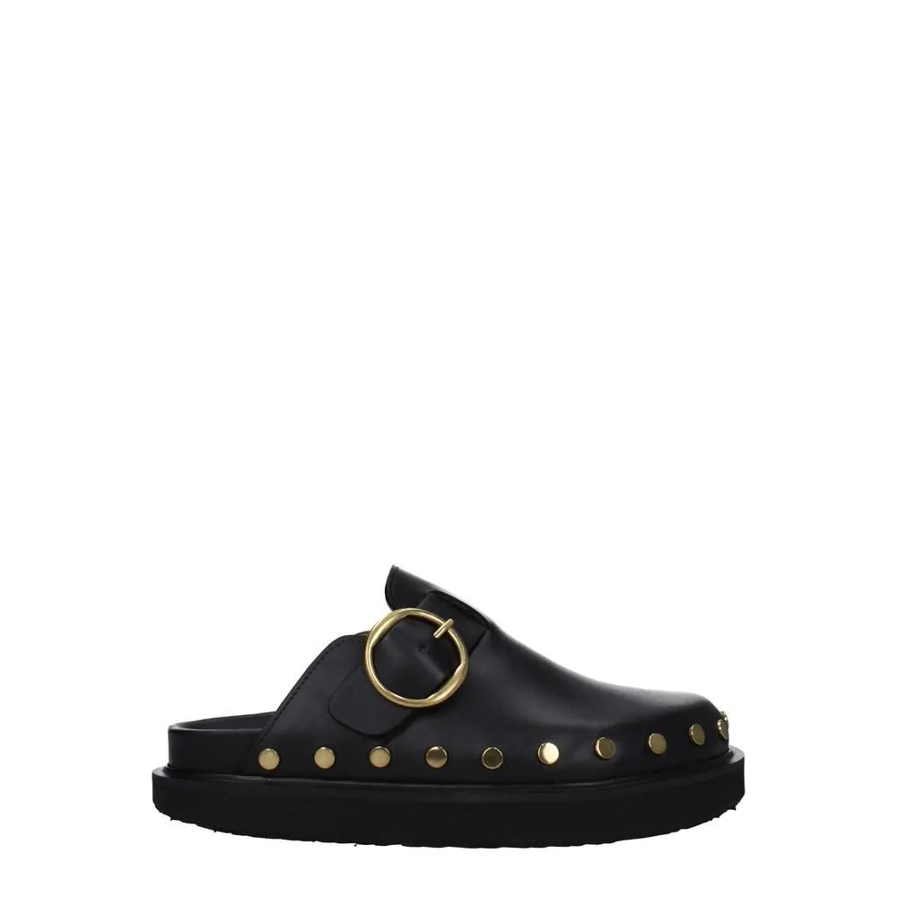 Leather Slipper with Studs and Buckle Closure- Black Sandals