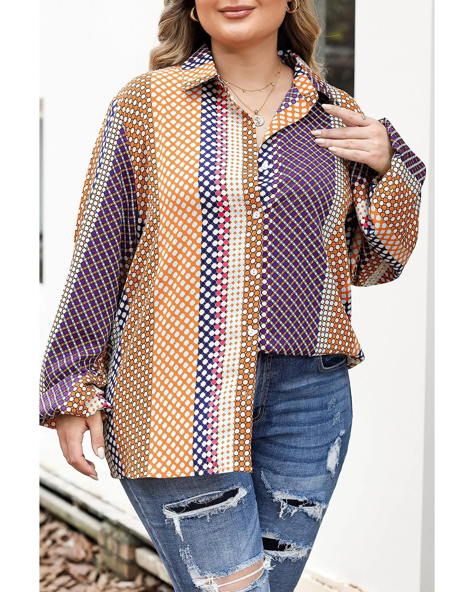 Brown Plus Size Mix Dotted Patchwork Button up Shirt