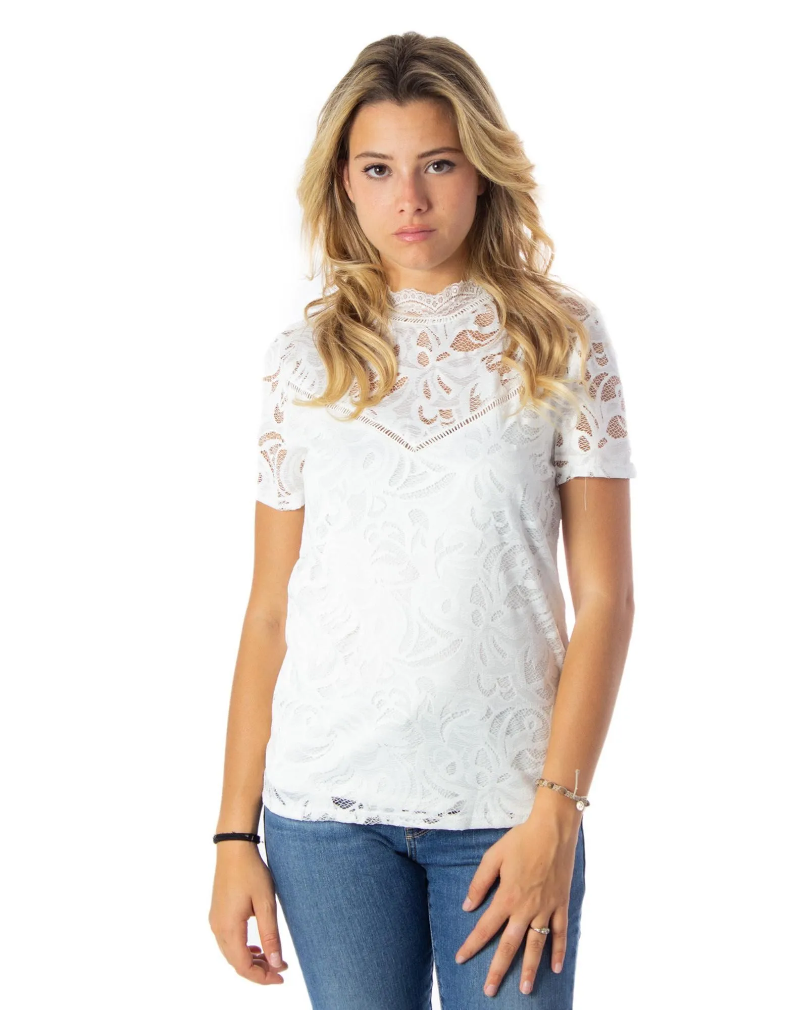 Lace Top High Neck Short Sleeves- White Blouses