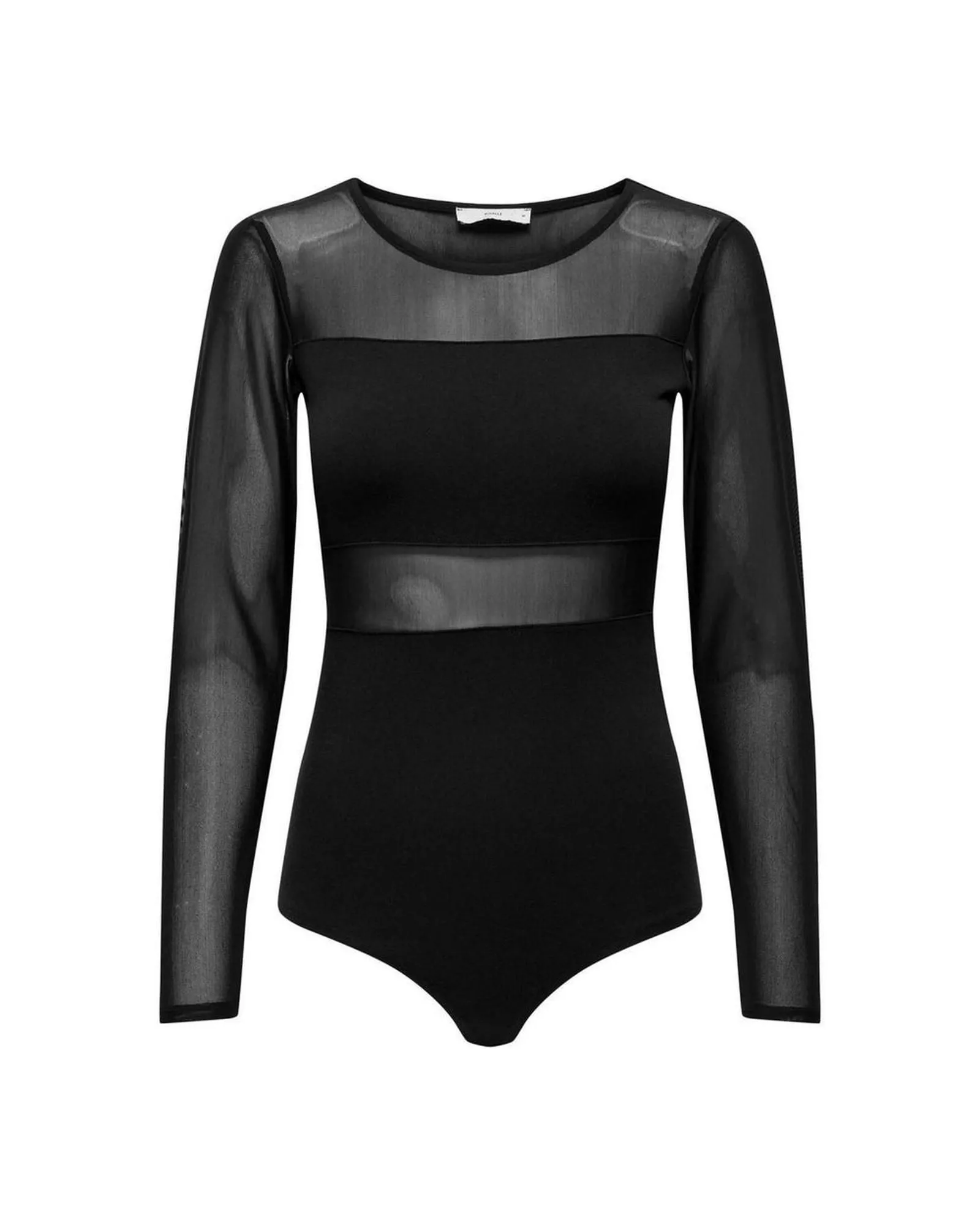 Amelia LS Bodysuit Mesh Panel Long Sleeve- Black Blouses