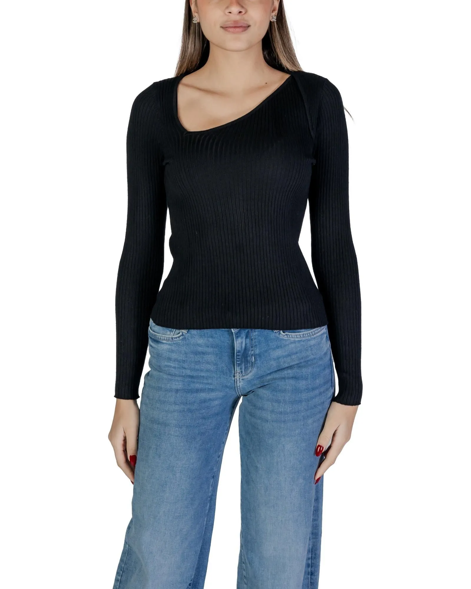 Ribbed Knit Top Asymmetrical Neck Long Sleeve- Black Knitwear
