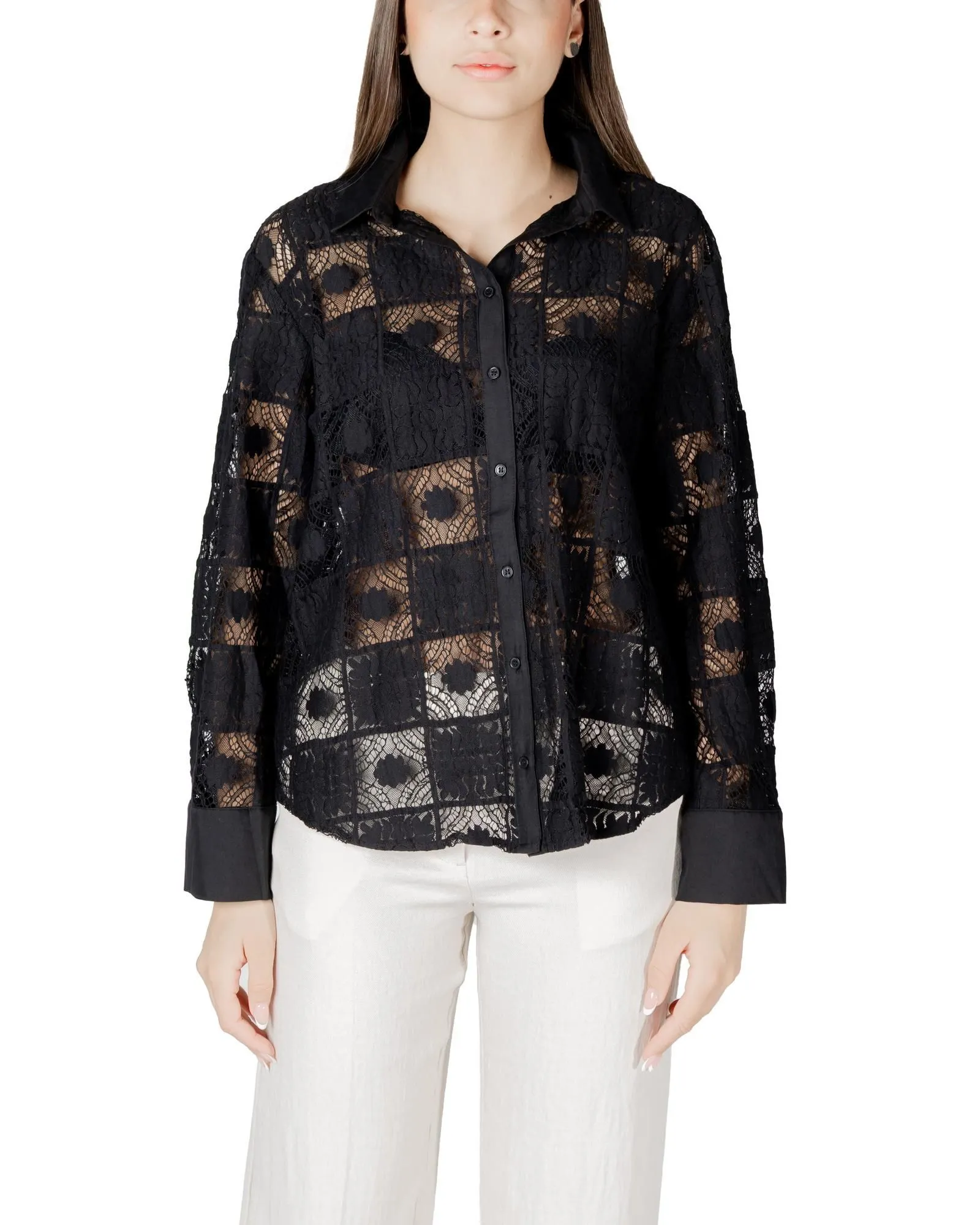 Lace Blouse Shirt Long Sleeves- Black