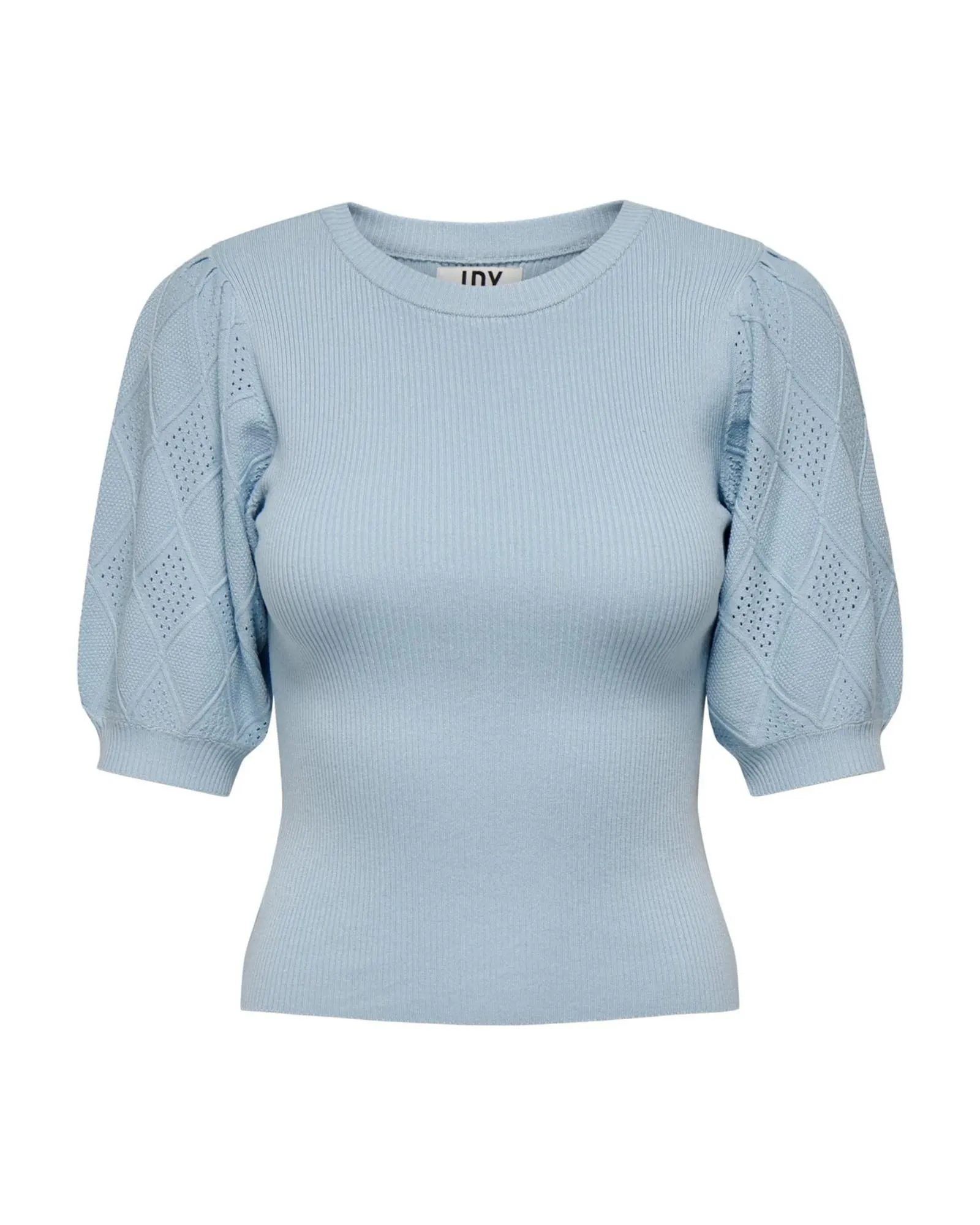 Puff Sleeve Knit Top Ribbed Knit Top- Light Blue Shirts