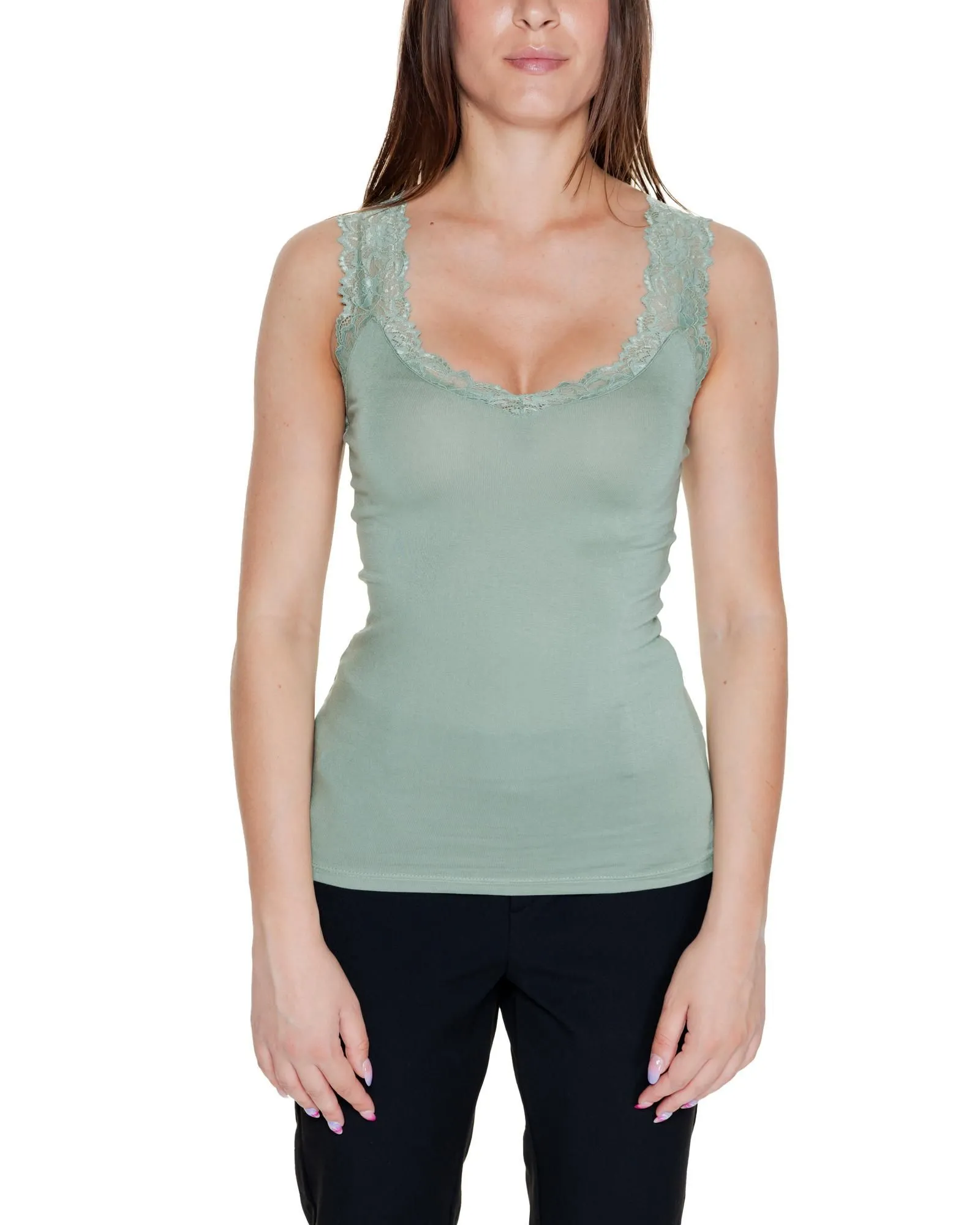 Lace Trim Cami Top Sleeveless VNeck Top- Green
