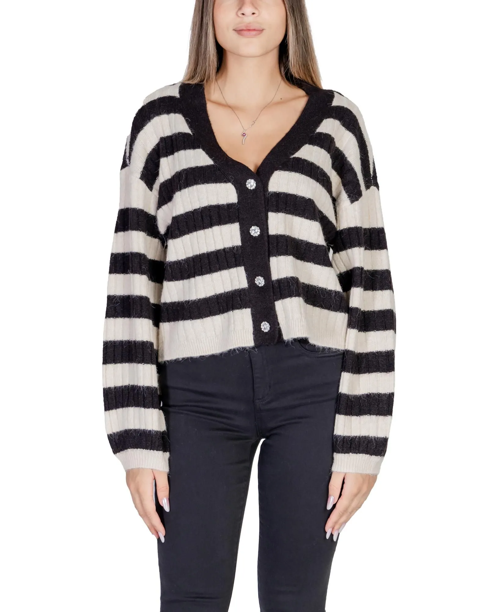 Striped Knit Cardigan Sweater- Beige Sweaters