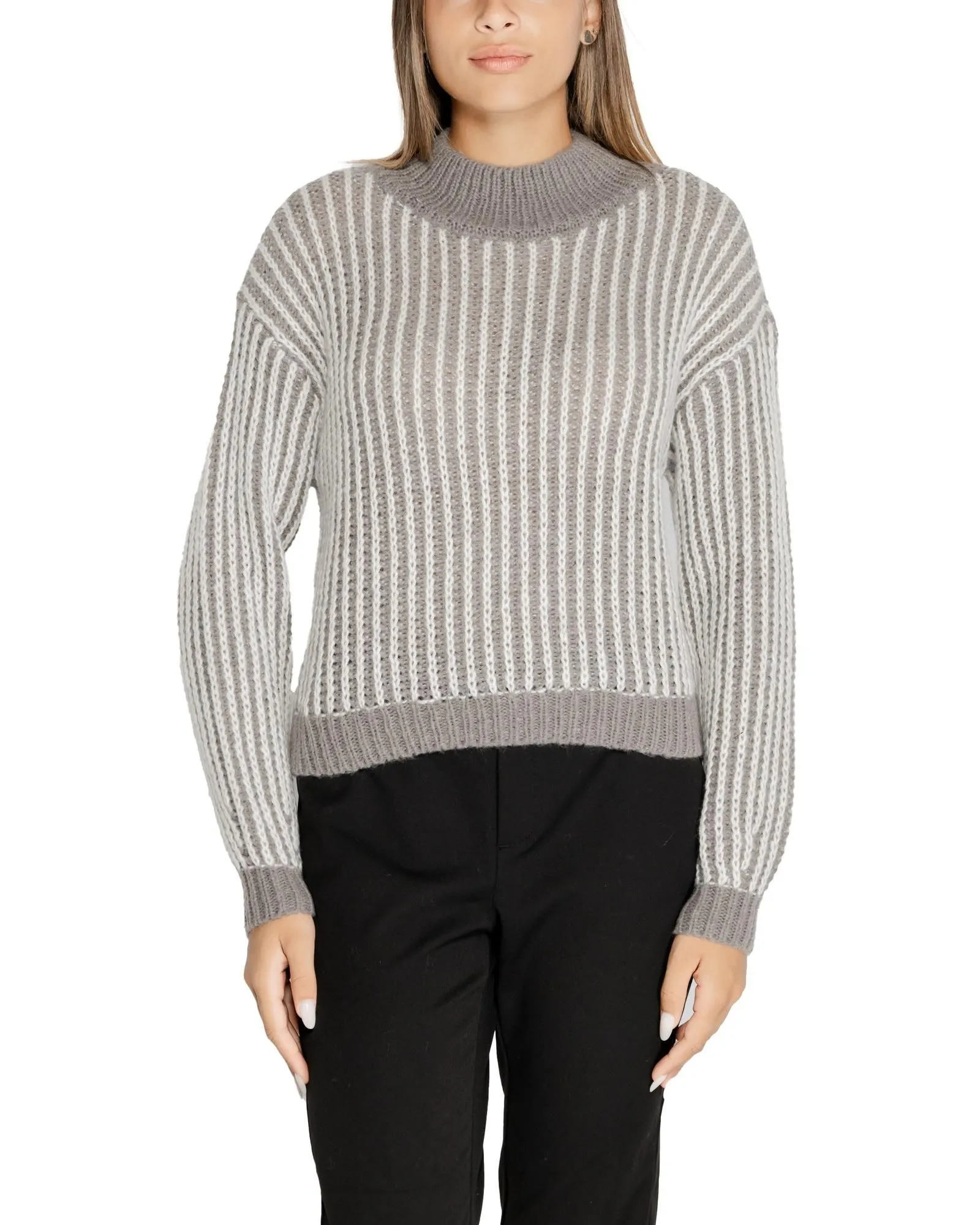 Mock Neck Knit Sweater Striped Pullover