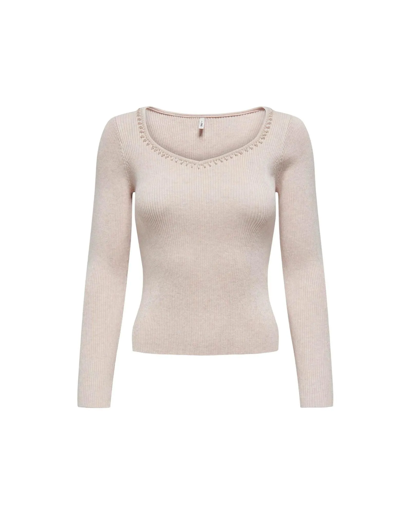 Ribbed Sweater with Beaded Neckline
