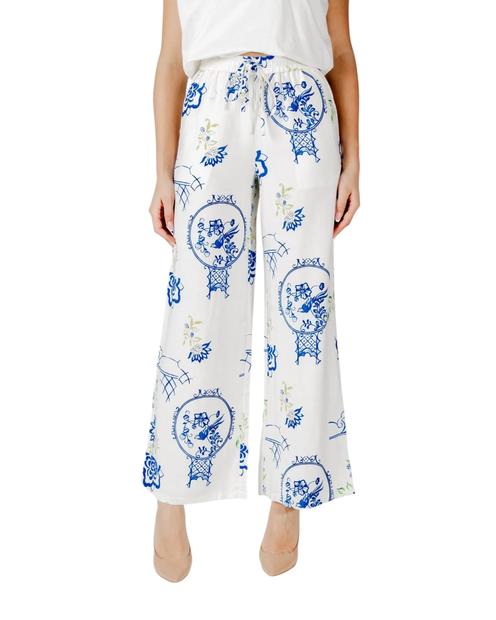 Wide Leg Chinoiserie Print Pants- White Trousers