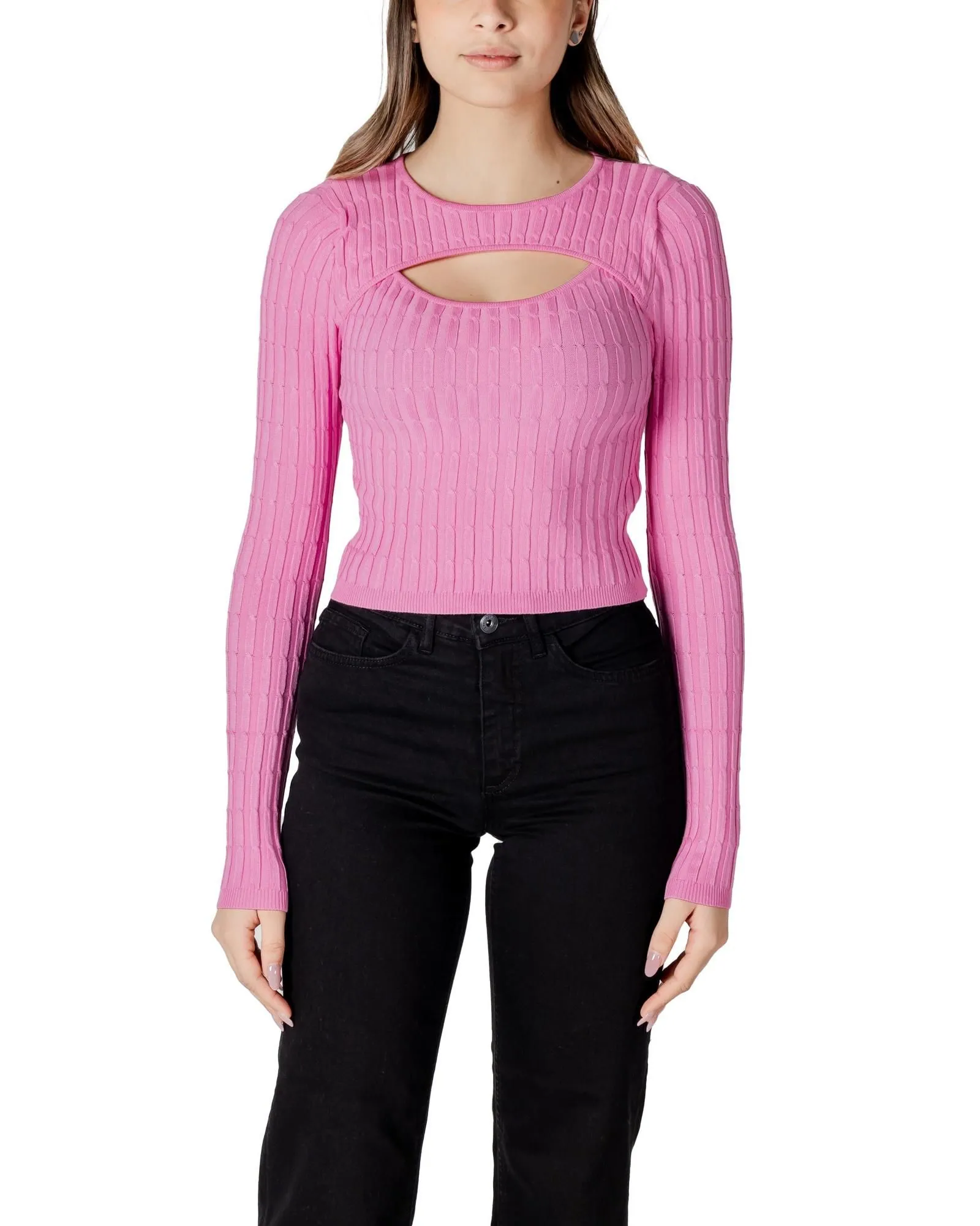 Cable Knit Keyhole Pullover Sweater- Pink Knitwear