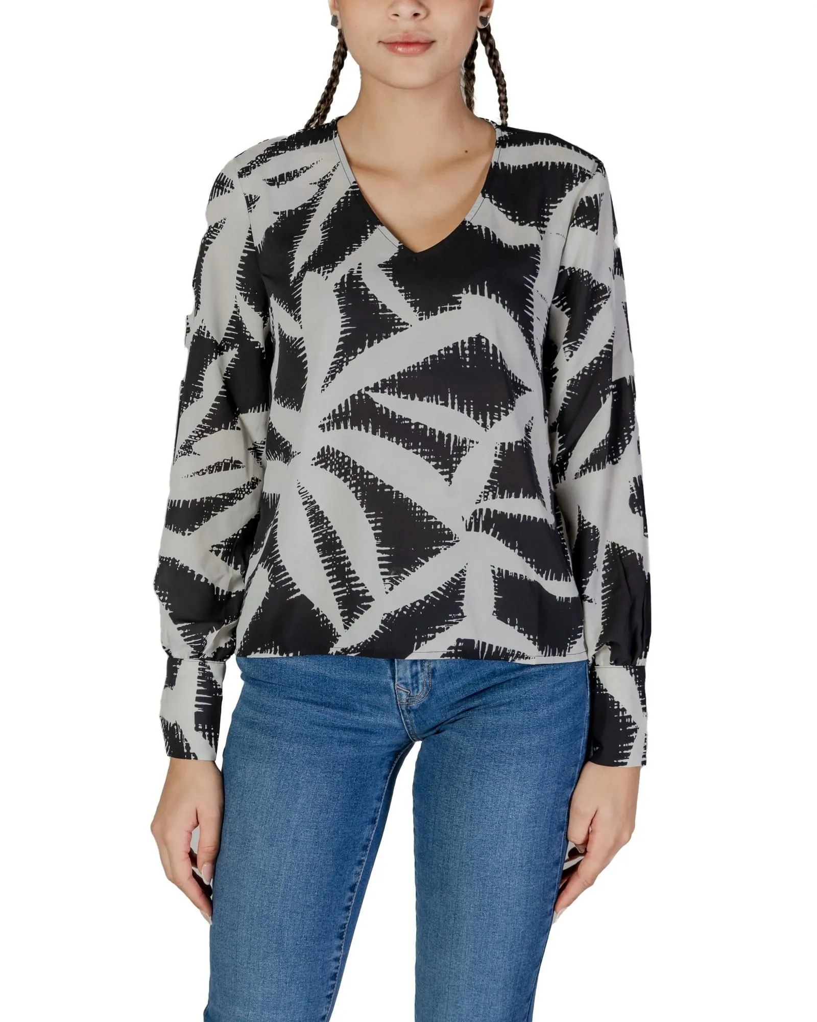 Geometric Print Blouse Long Sleeve VNeck Top- Black