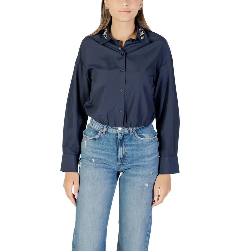 Rhinestone Embellished Long Sleeve Button-Up Shirt- Blue