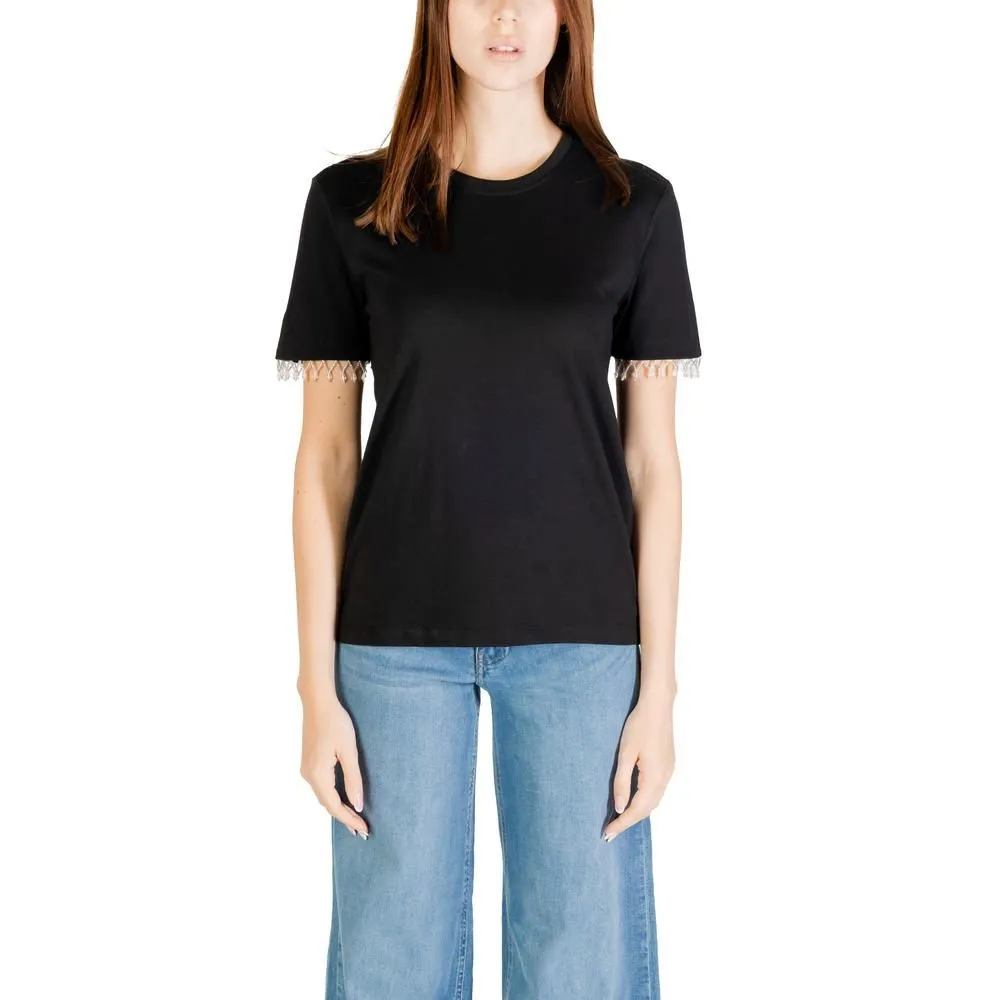 Beaded Sleeve Crew Neck Top- Black Shirts