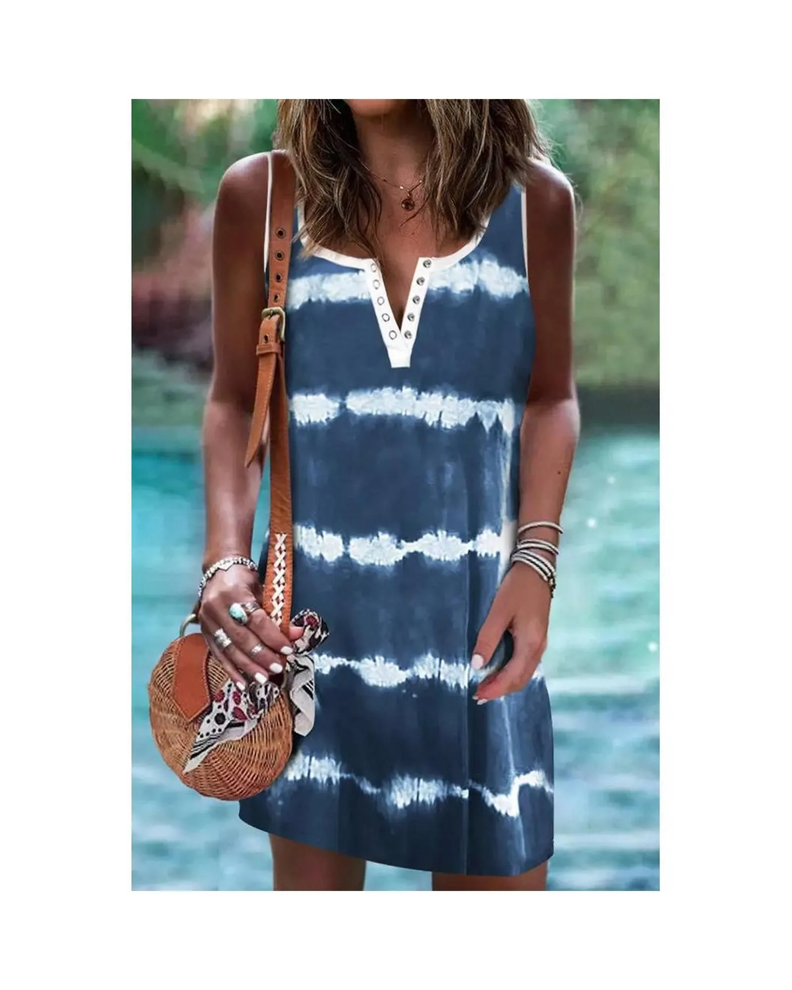 Tie Dye Striped Notch V Neck Mini Dress