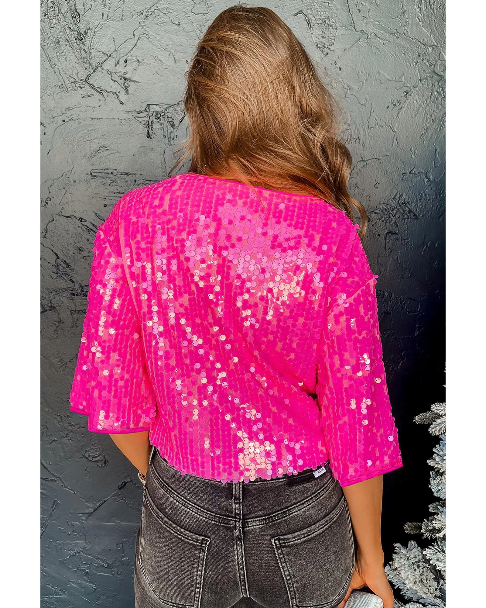 Bright Pink Sequin Round Neck Half Sleeve Top