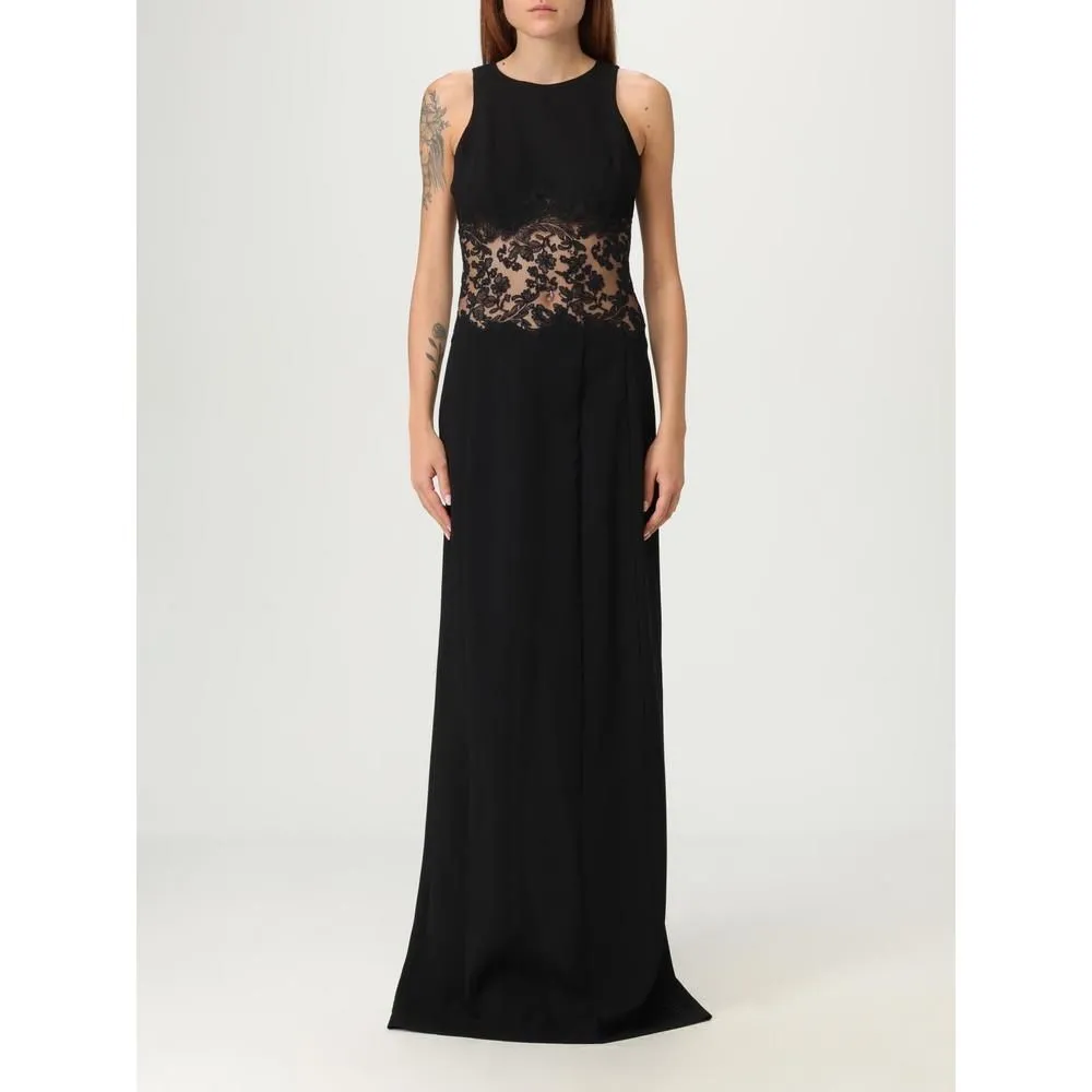 Elegant Sleeveless Maxi Dress with Lace Bodice and Round Neck-