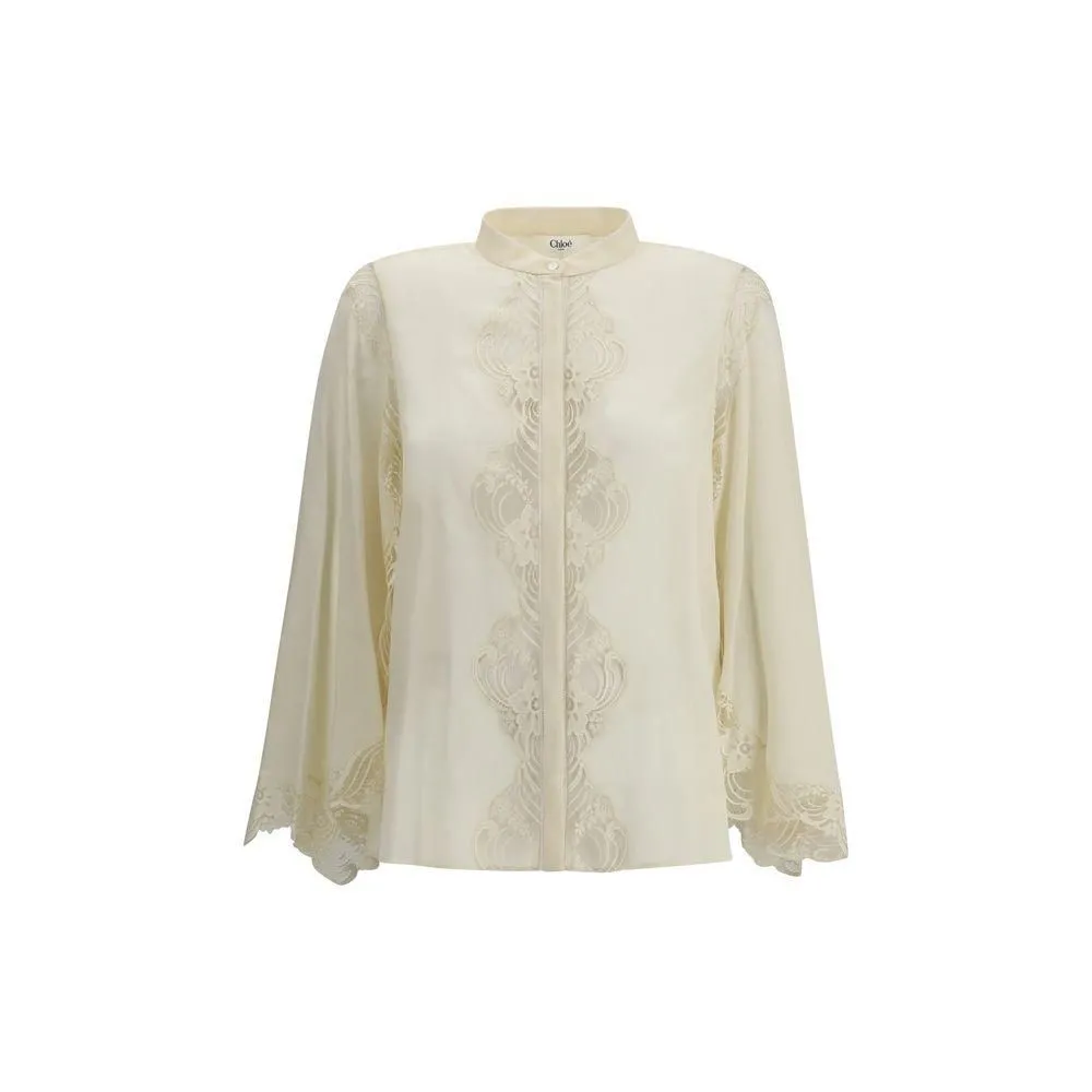 Silk Georgette and Lace Blouse with Mother-of-Pearl Buttons-