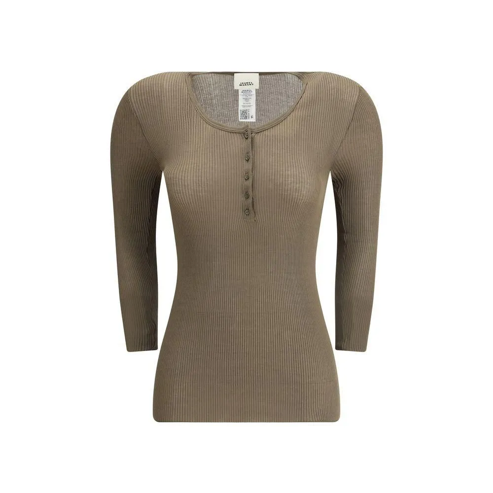 Versatile Long Sleeve Ribbed Top with Button Closure- Green