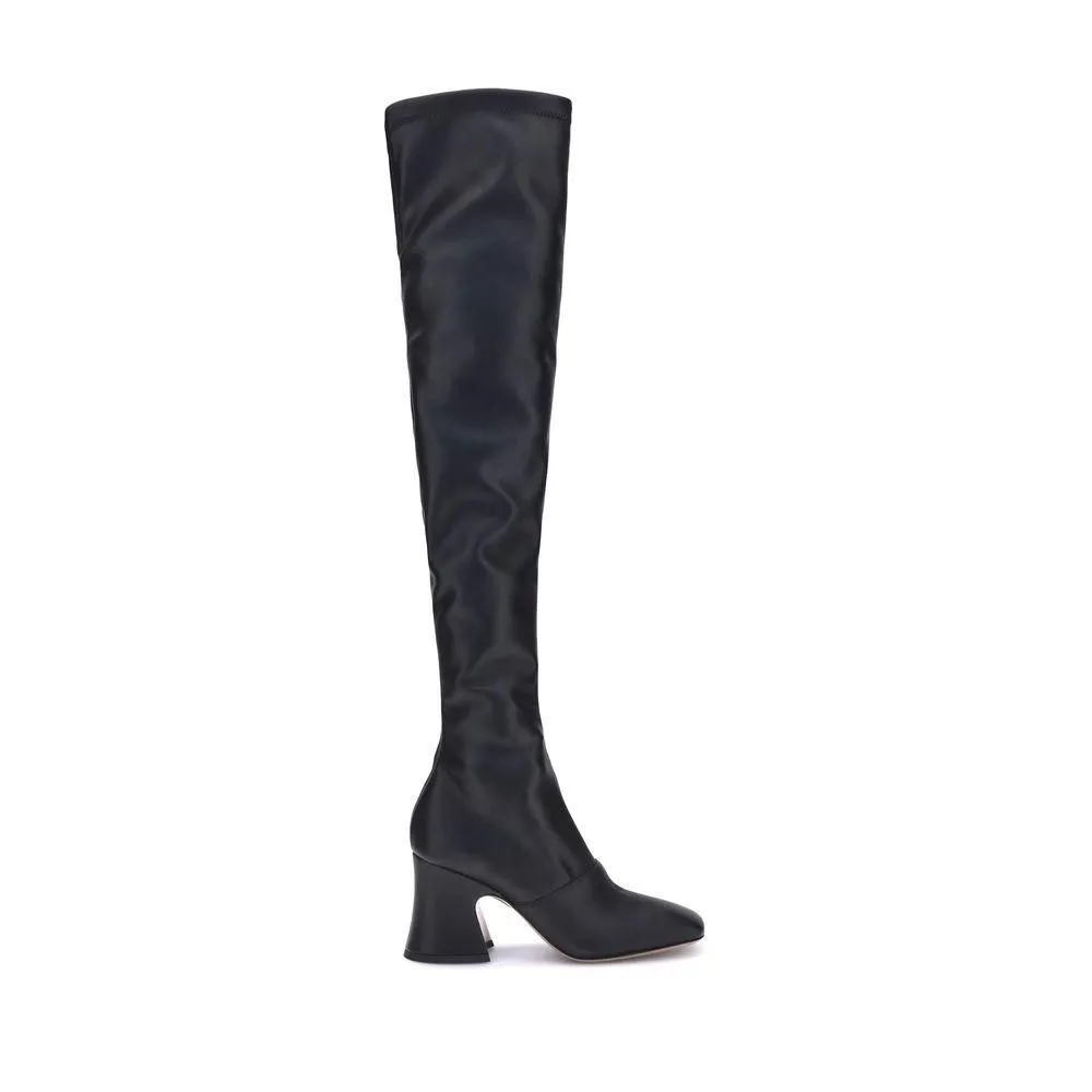 High Leather Boots with Asymmetrical Heel and Squared Toe-
