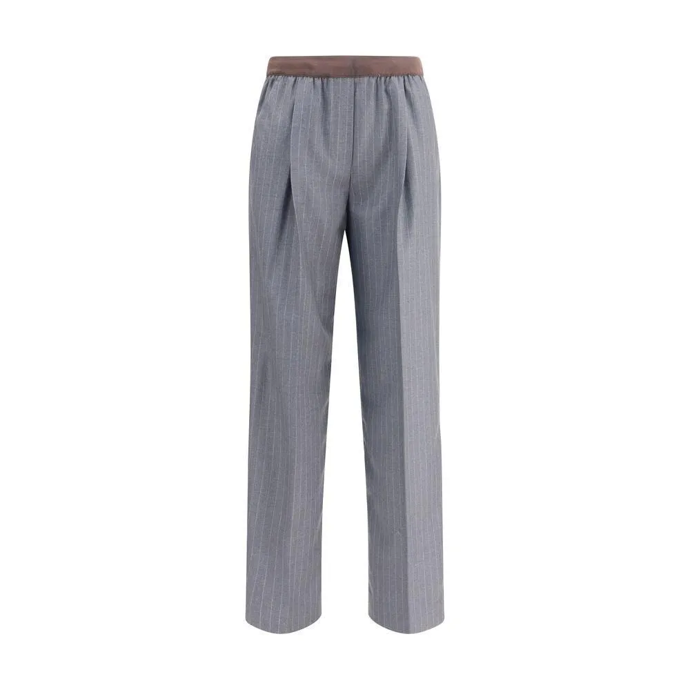 Elasticized Waistband Tailored Striped Pants with Embroidered Logo