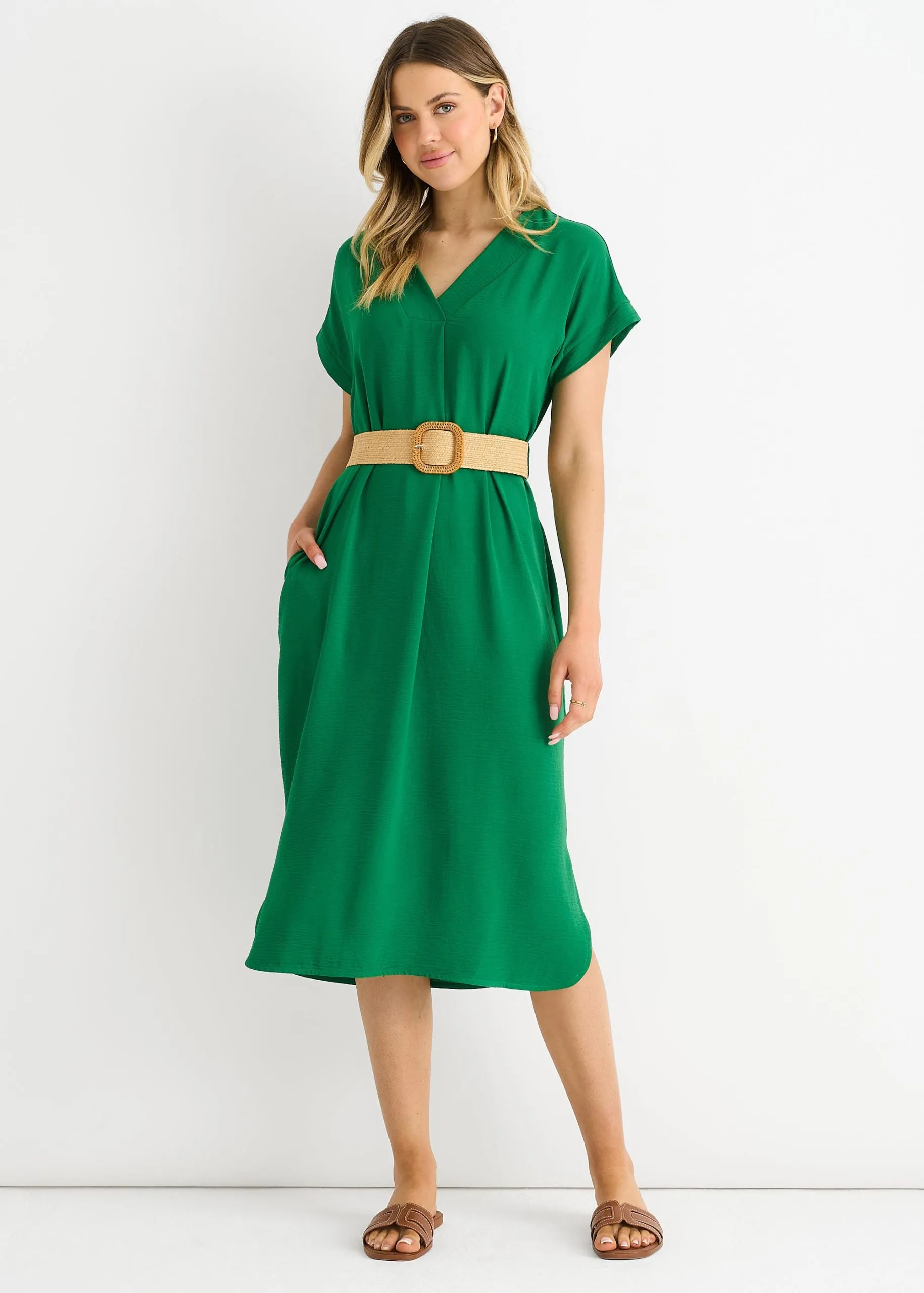 Green Air Flow Belted Oversized Dress