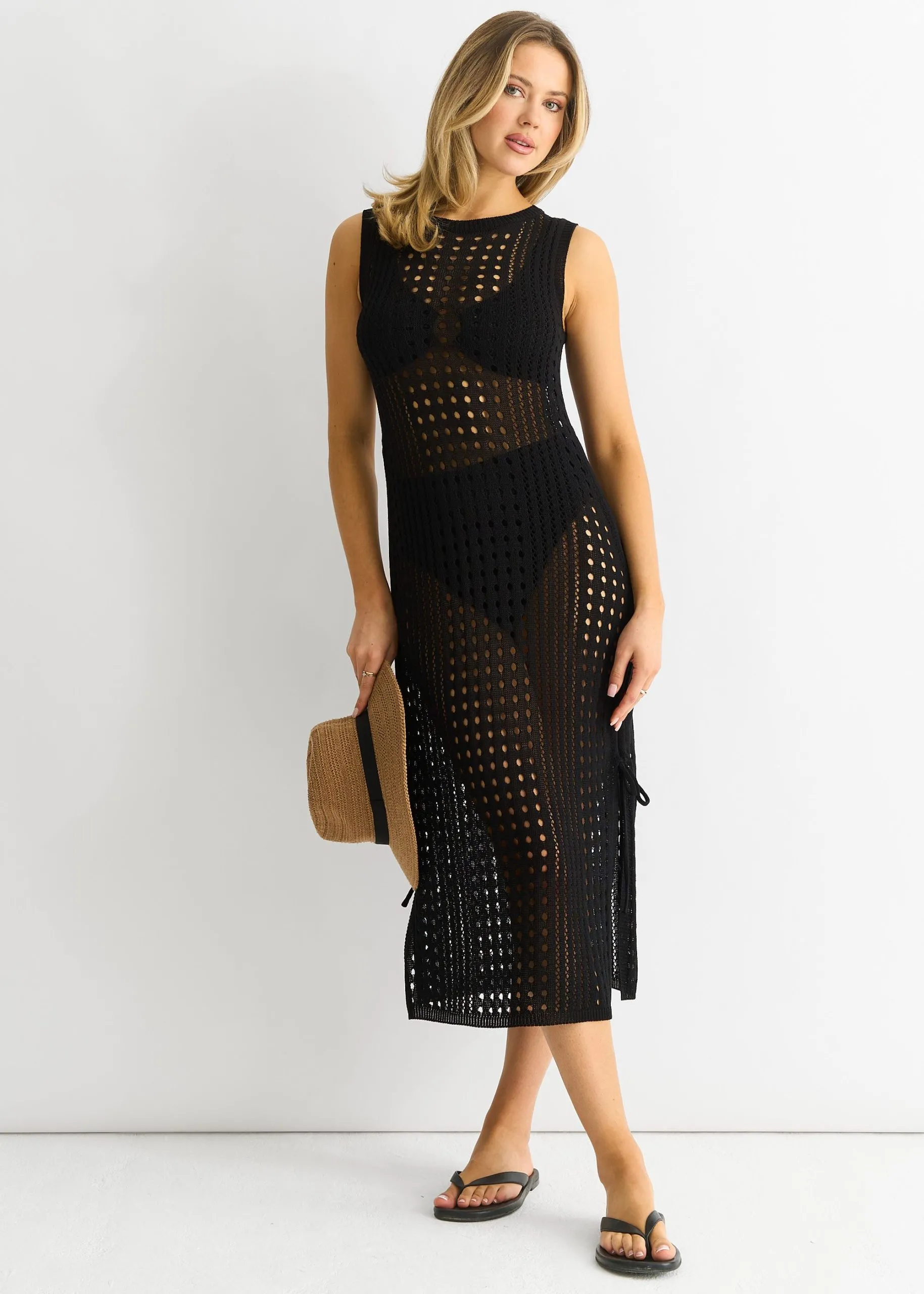 Black Crochet Knit Bodycon Midi Dress