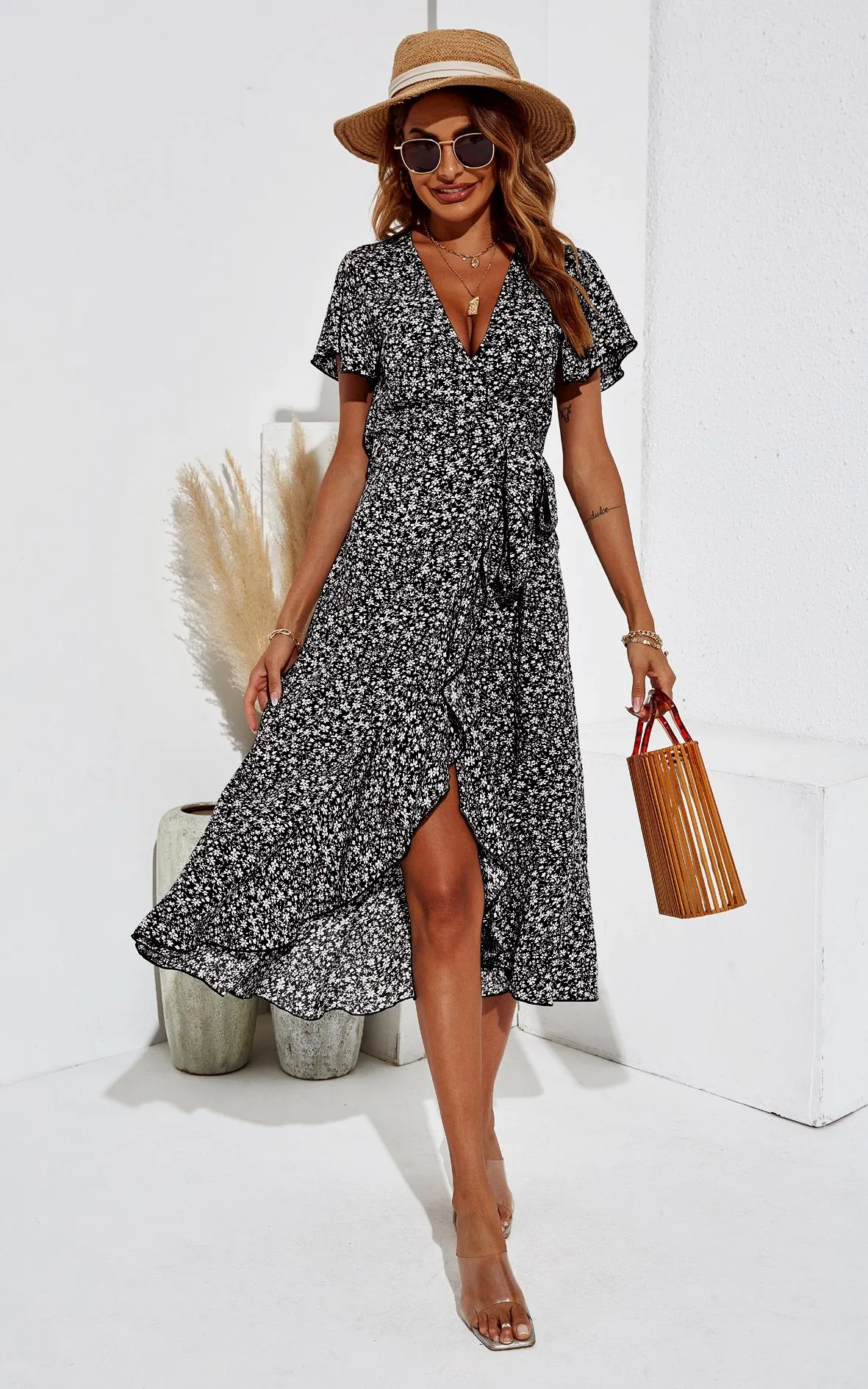 Floral Print Wrap Hem Midi Dress In Black