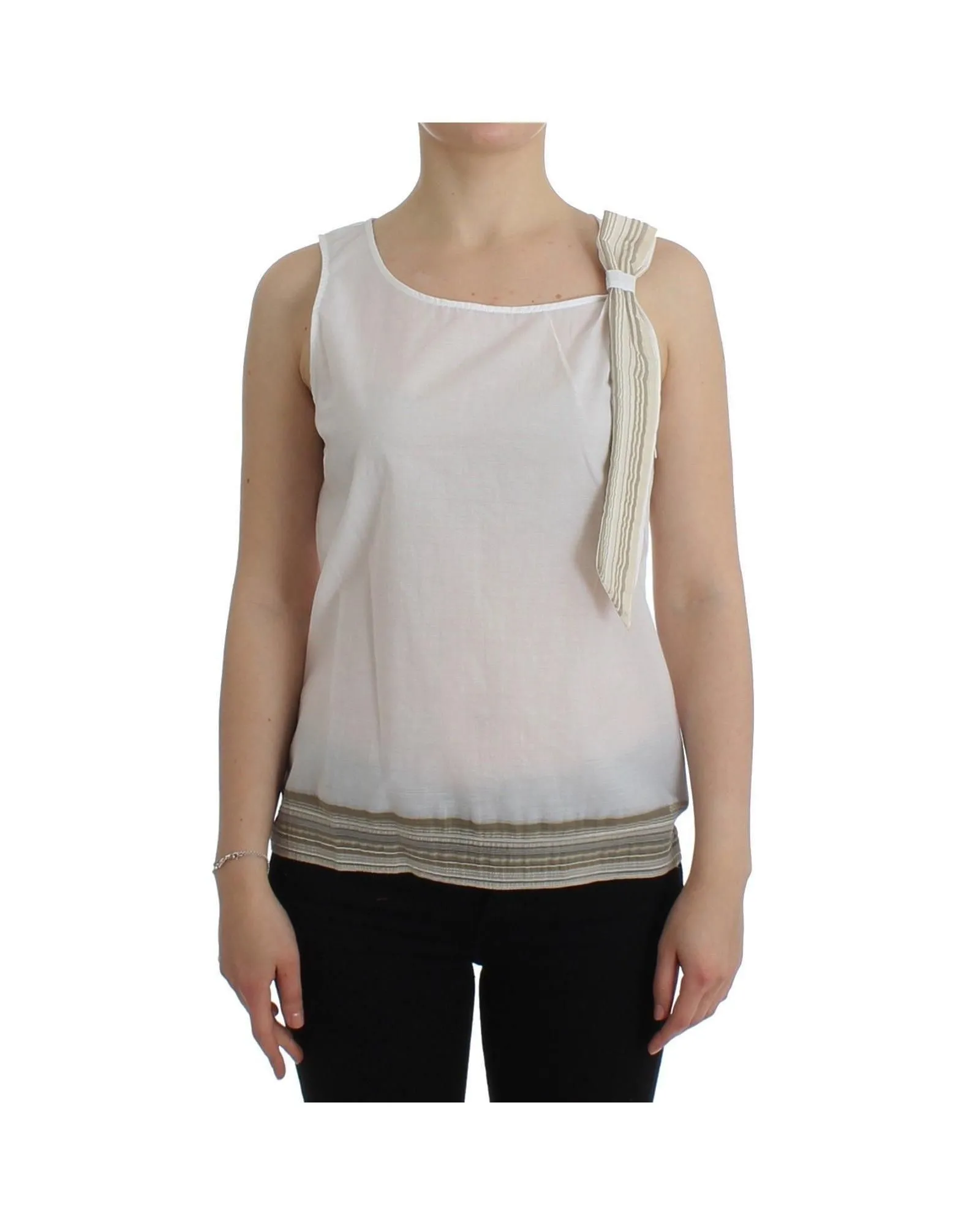 Sleeveless Cotton Top with Bow Detail- White T-Shirts