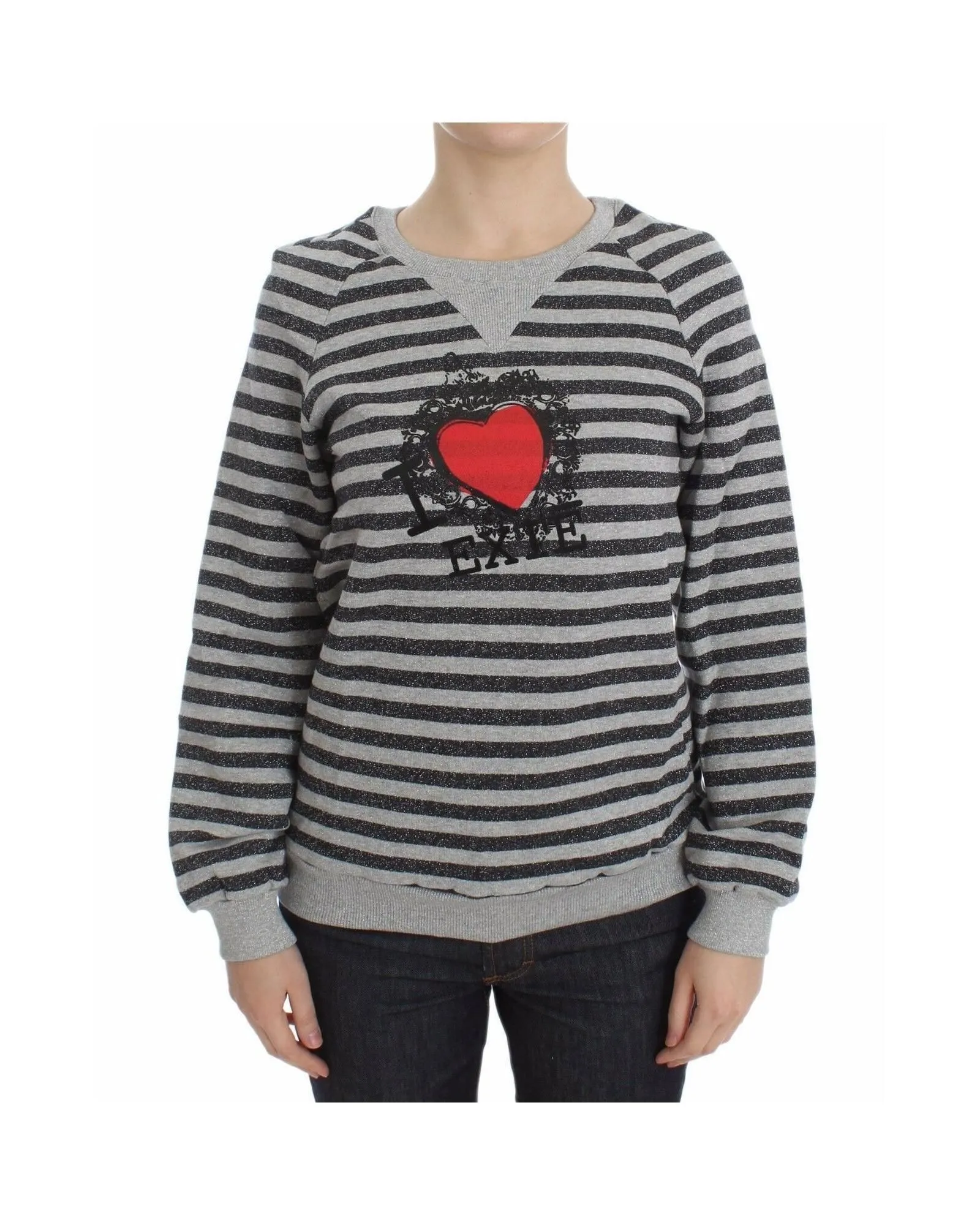 Striped Glitter Heart Pullover- Gray Sweaters