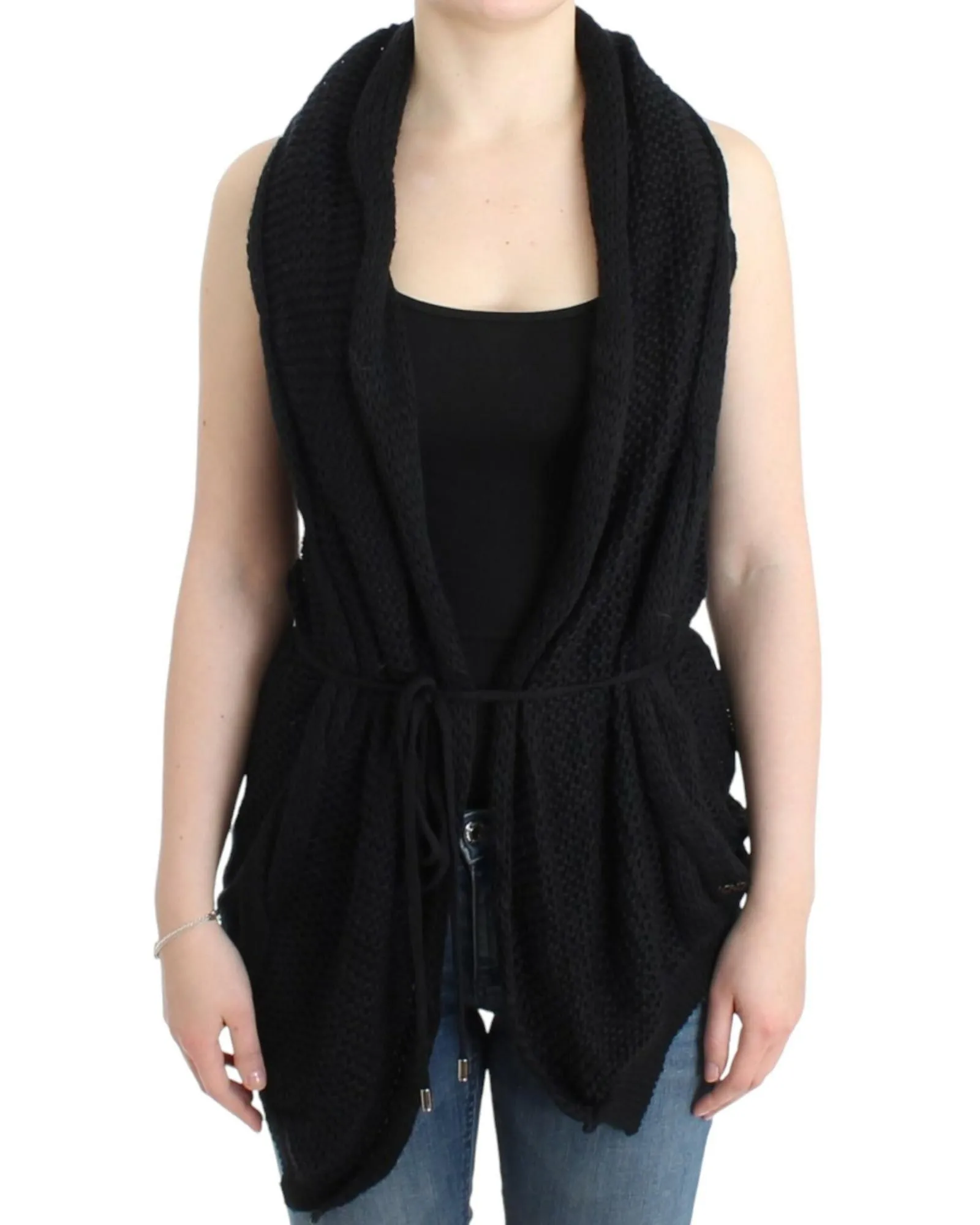 Knit Cardigan Vest Drawstring Waist- Black Sweaters