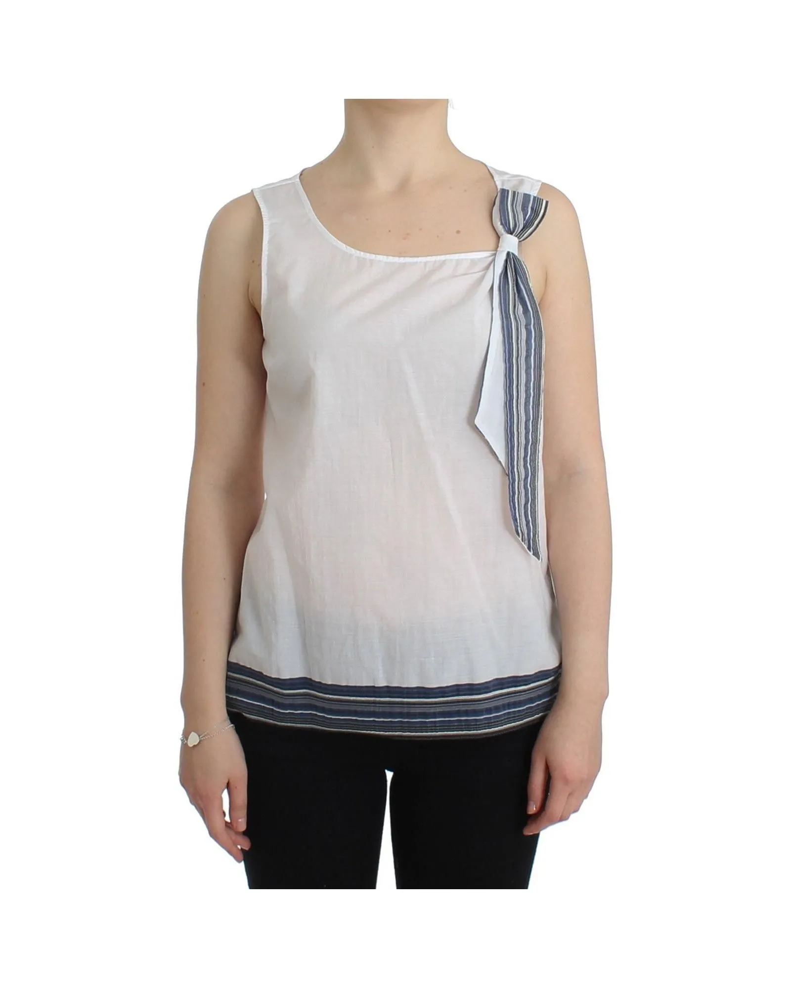 Sleeveless Cotton Top Bow Accent- White T-Shirts
