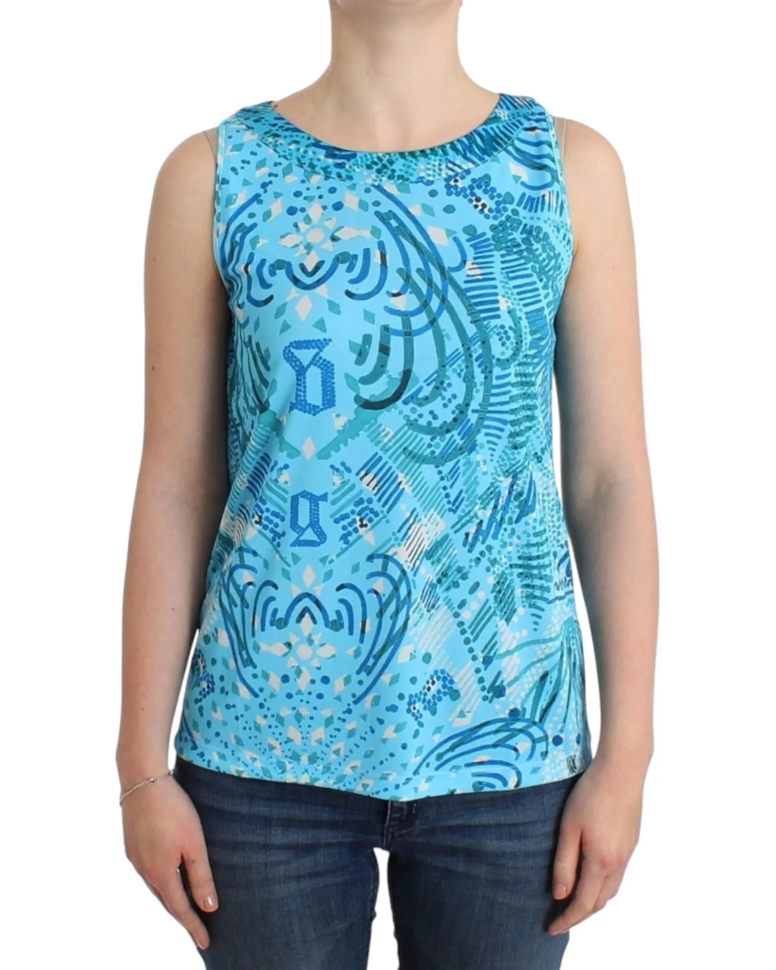 Abstract Print Sleeveless Top- Blue T-Shirts
