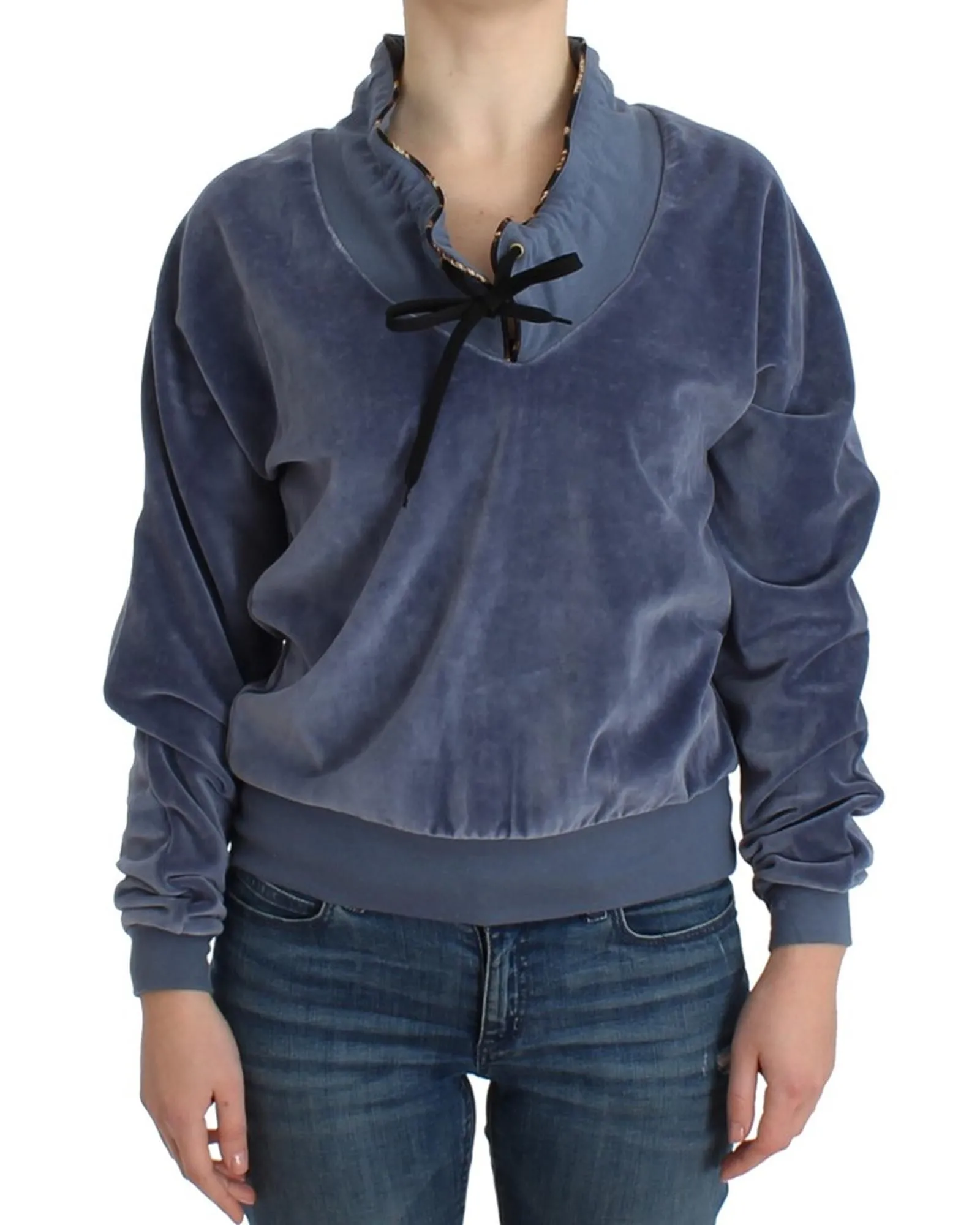 Velour Tie Neck Sweatshirt- Blue Sweaters