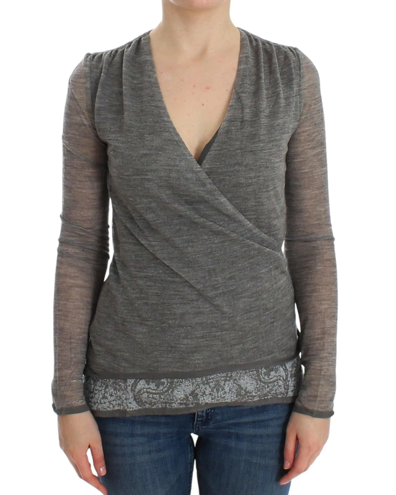 VNeck Knit Wrap Top Long Sleeve- Gray Sweaters