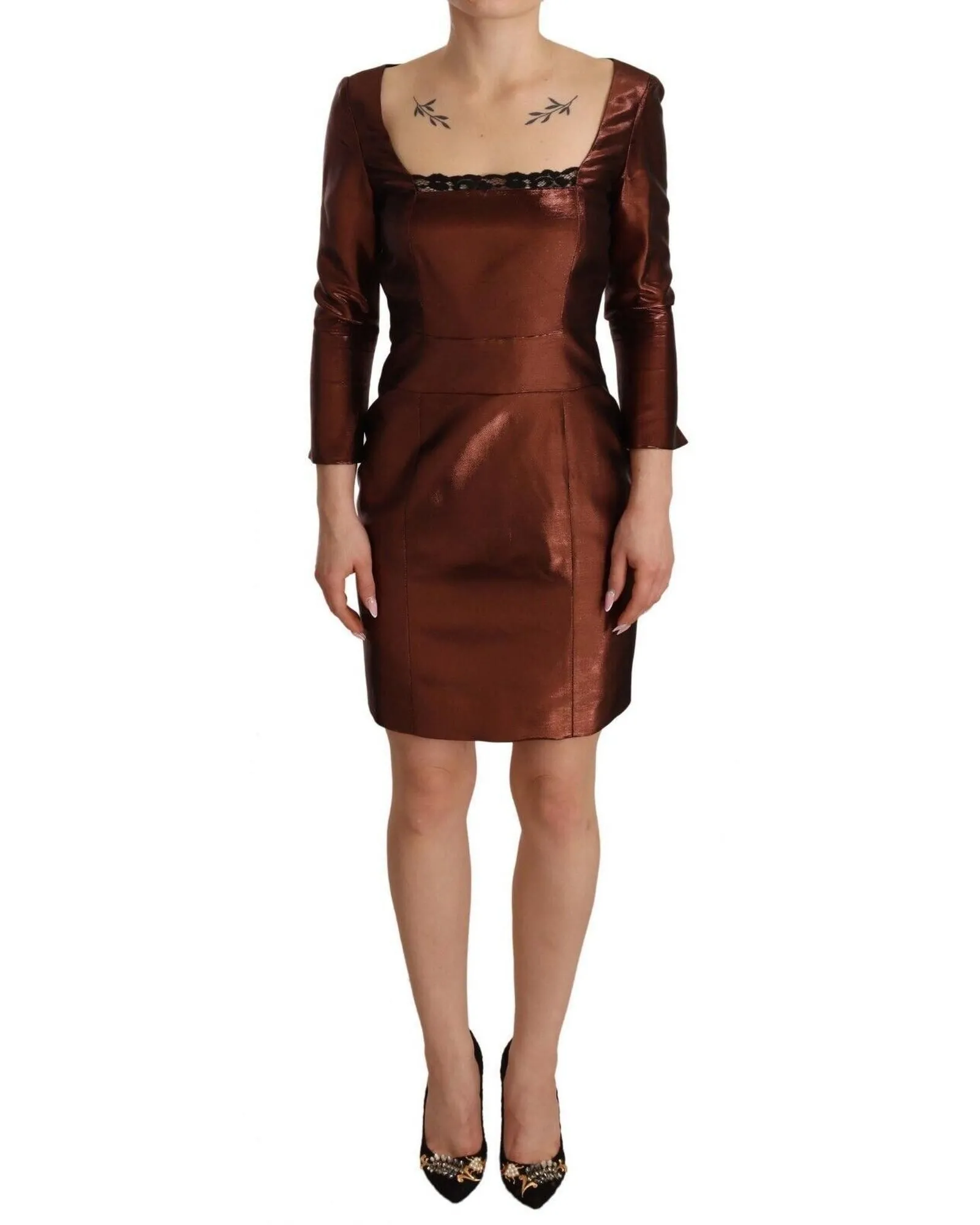 Metallic Mini Dress Square Neck 34 Sleeves- Bronze Dresses
