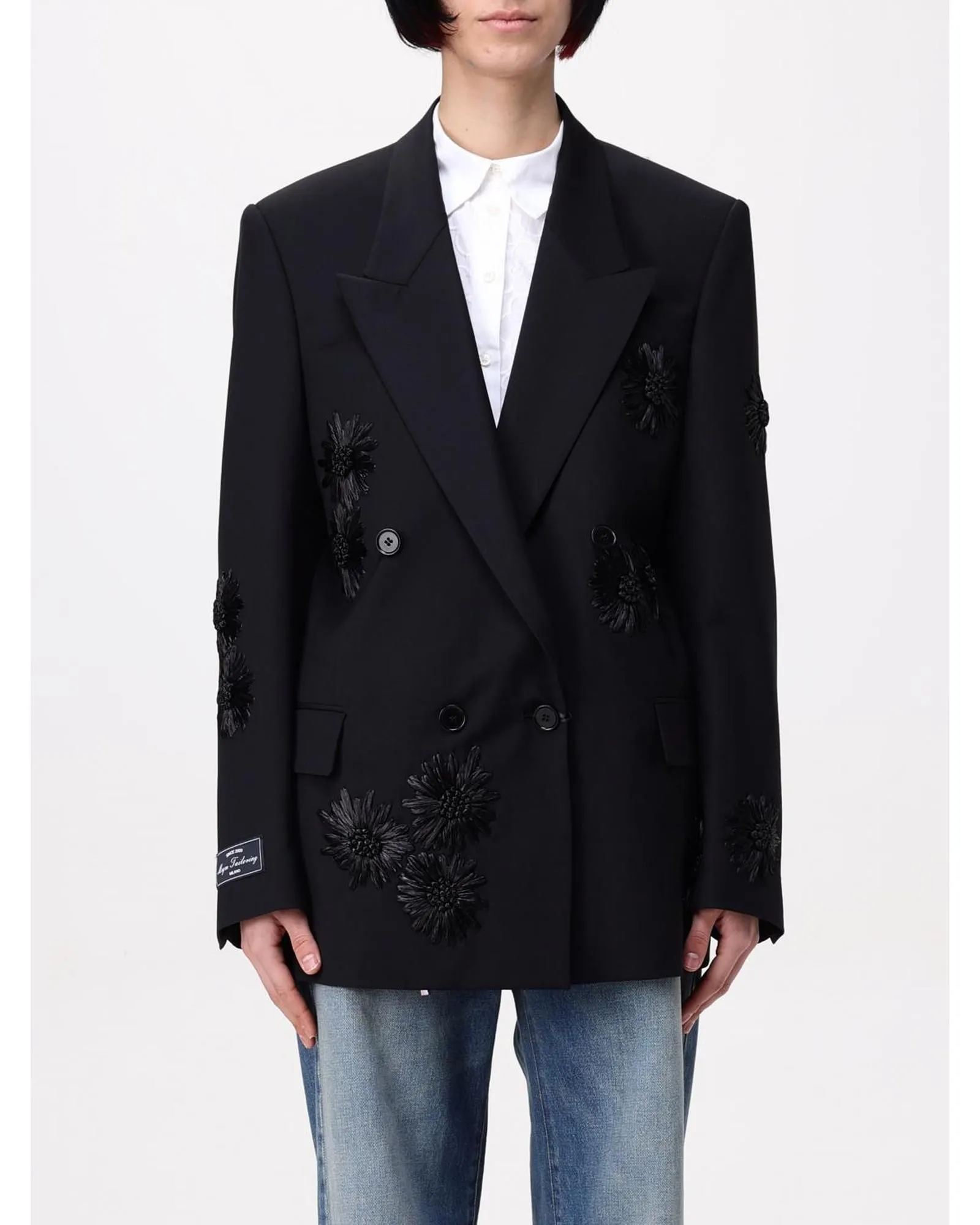 Floral Embroidered DoubleBreasted Blazer- Black