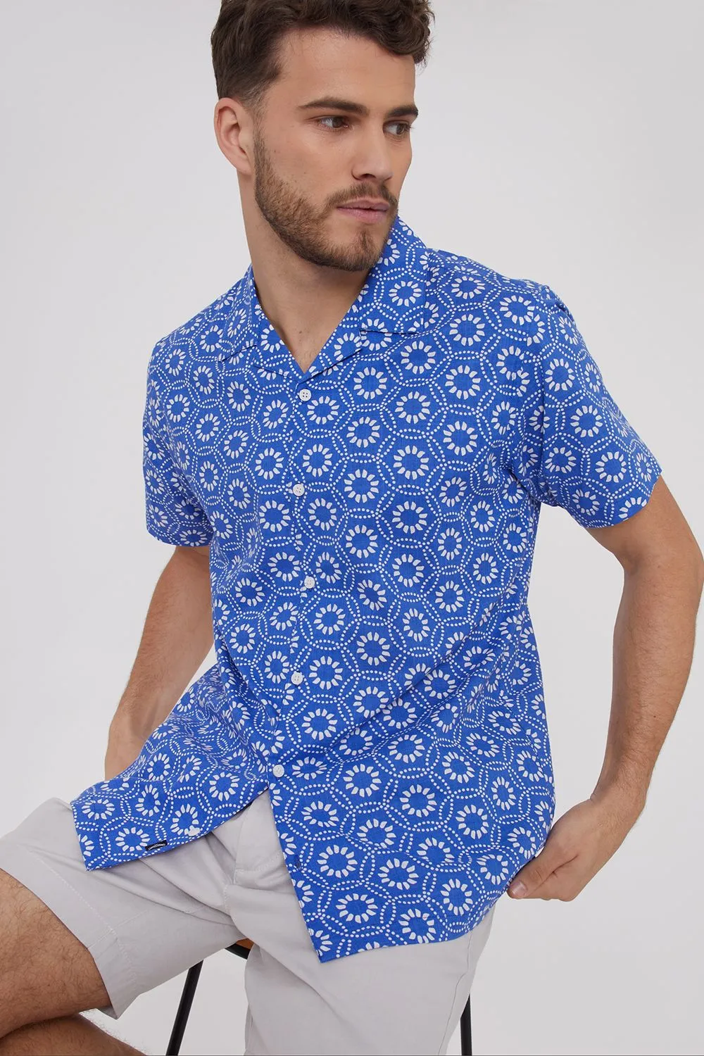 'Tribal' Short Sleeve Floral Print Cotton Shirt