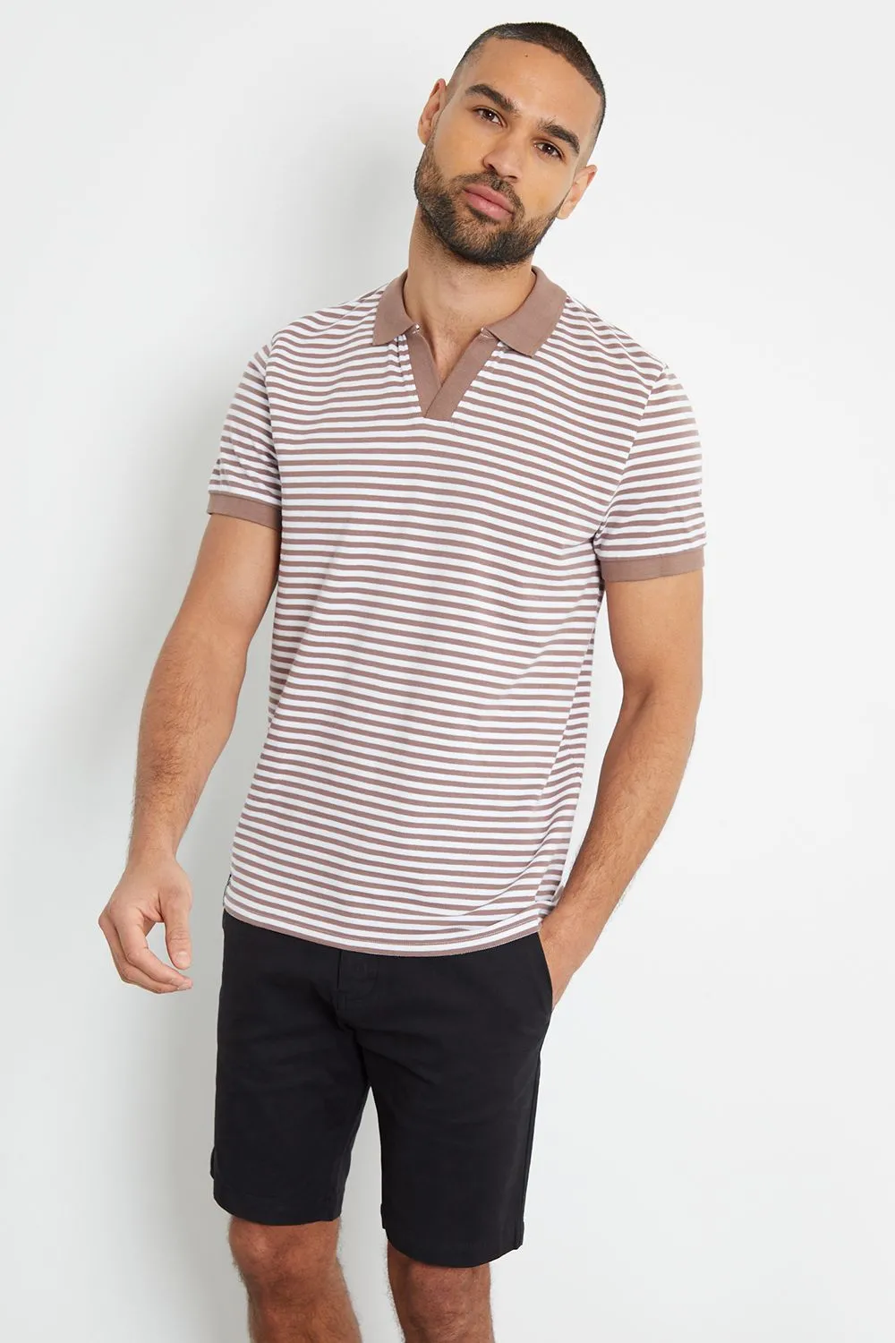 'Domino' Open Collar Striped Pique Polo