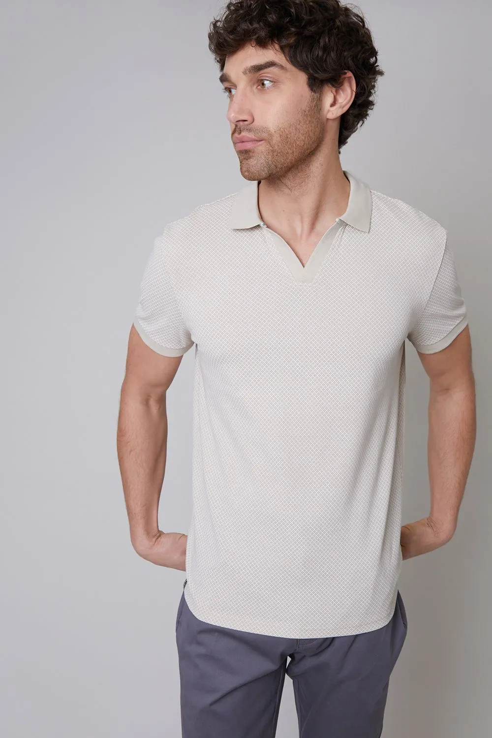 'Wright' Printed Pique Open Collar Cotton Polo Shirt