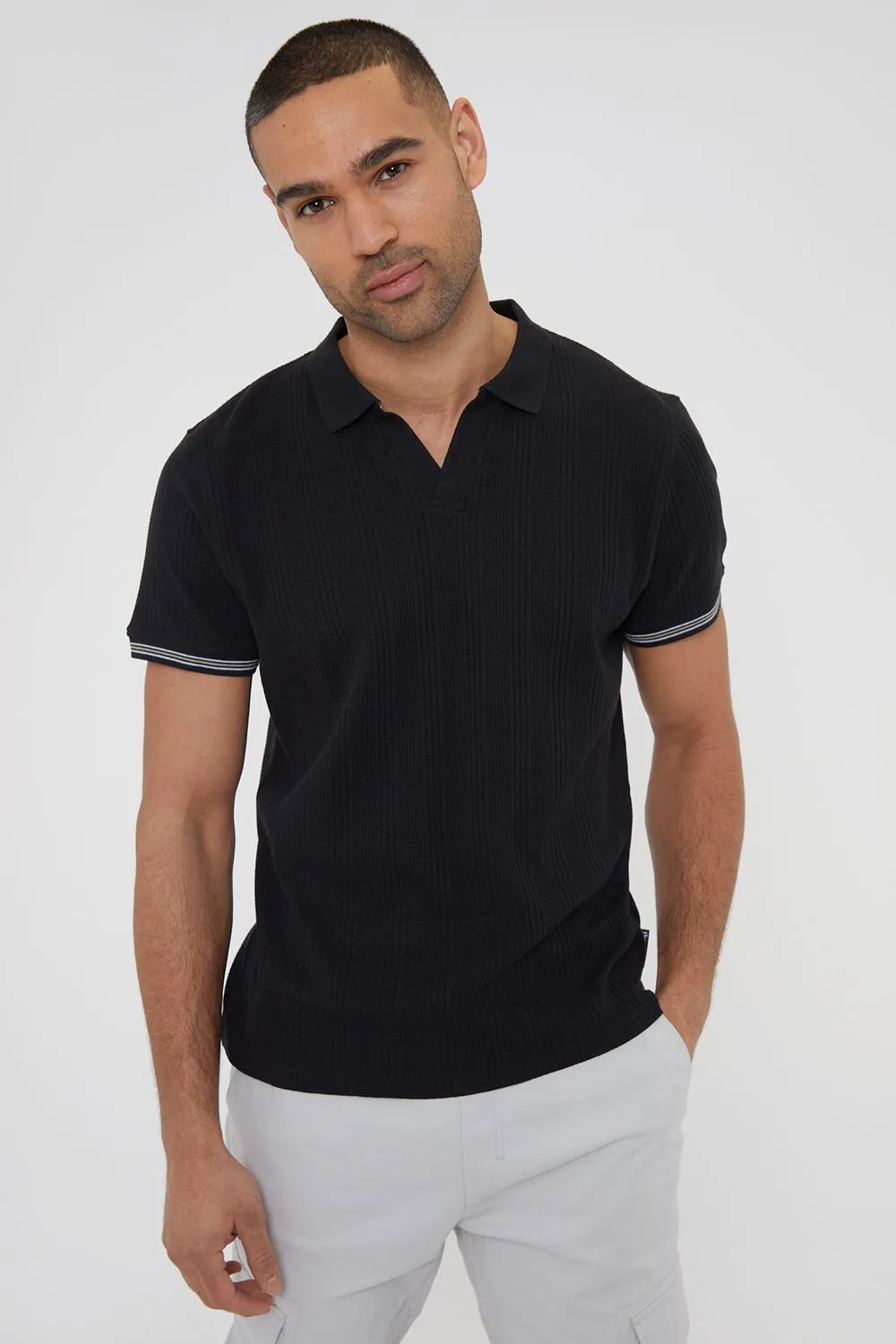 'Tucson' Textured Knit Open Collar Polo Shirt