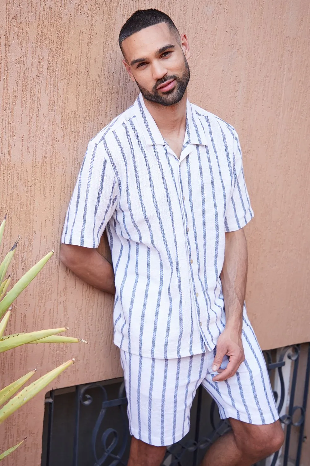 'Mahou' Revere Collar Short Sleeve Striped Shirt