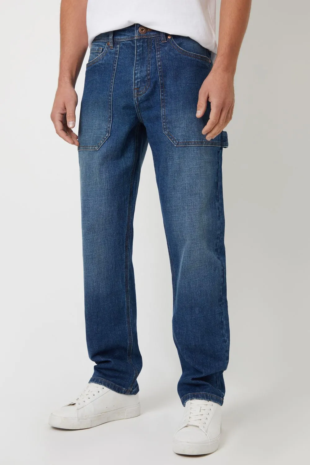 'Waterbury' Mid Wash Stretch Straight Leg Carpenter Jeans With Stretch